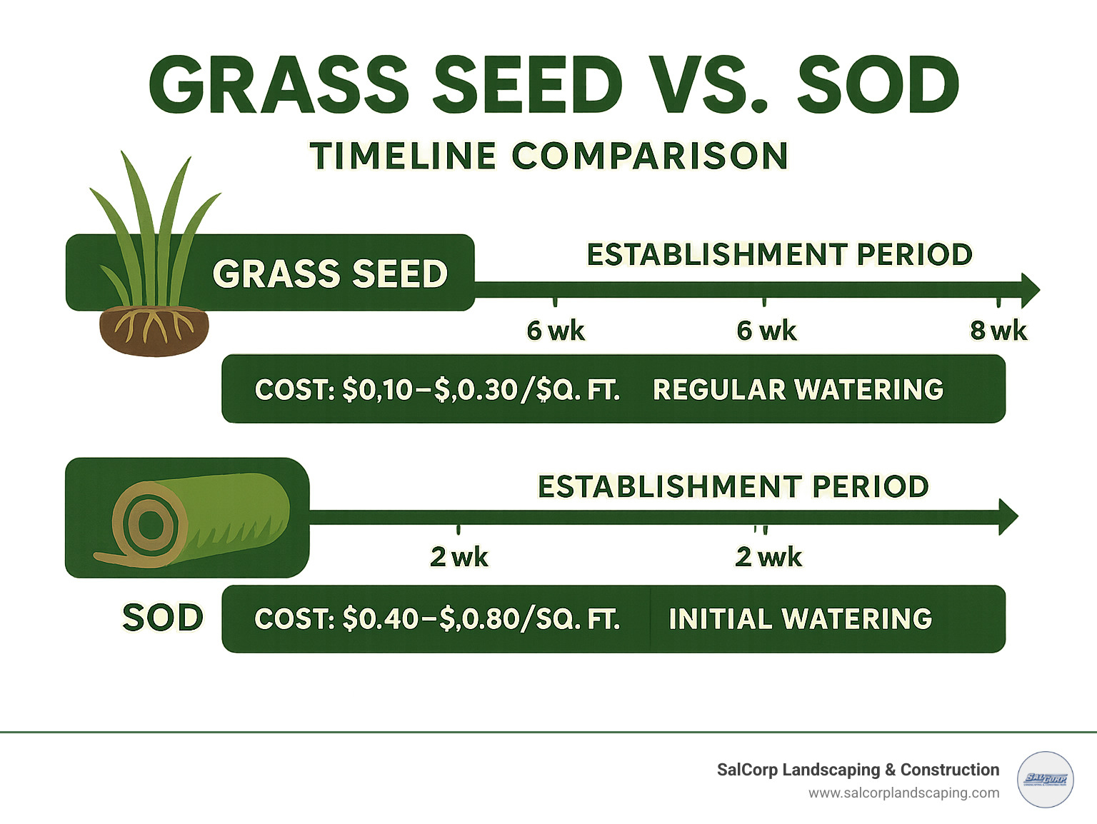 Timeline comparison showing grass seed vs sod establishment periods with cost breakdowns and maintenance requirements - grass seed installation cost infographic