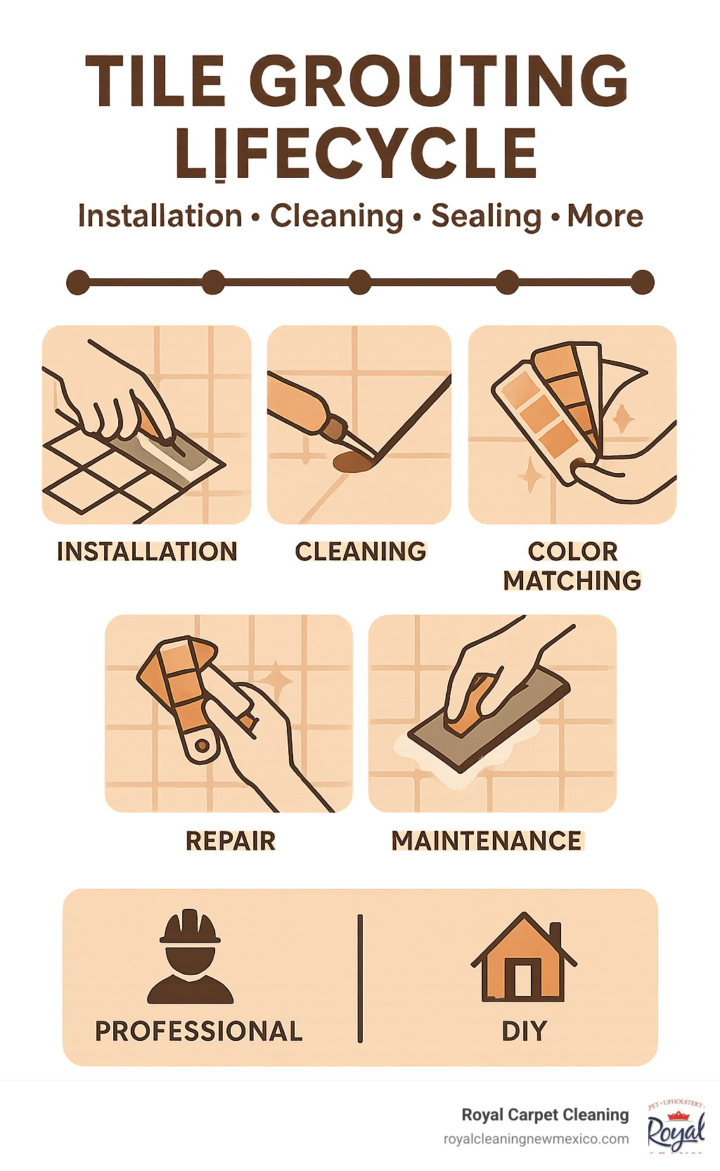 Infographic showing the complete tile grouting lifecycle from initial installation through cleaning, sealing, color matching, repair, and maintenance phases, with timeline indicators and professional vs DIY comparison points - tile grouting companies infographic 