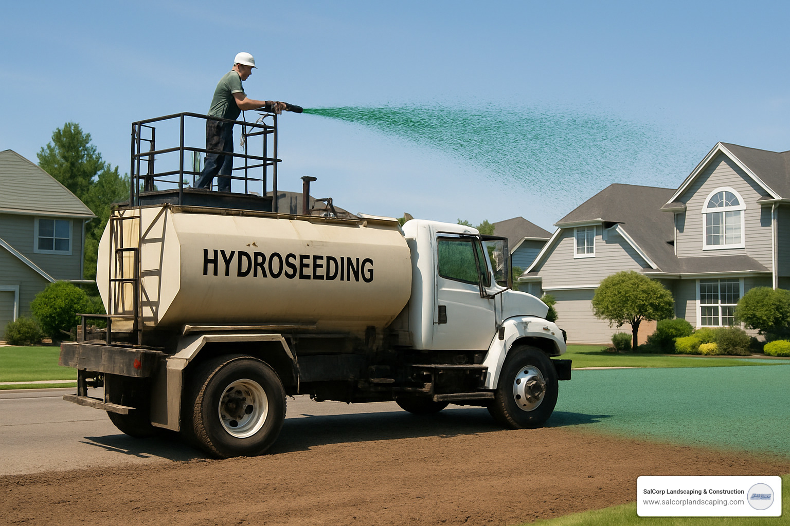 hydroseeding truck in action - grass seed installation cost