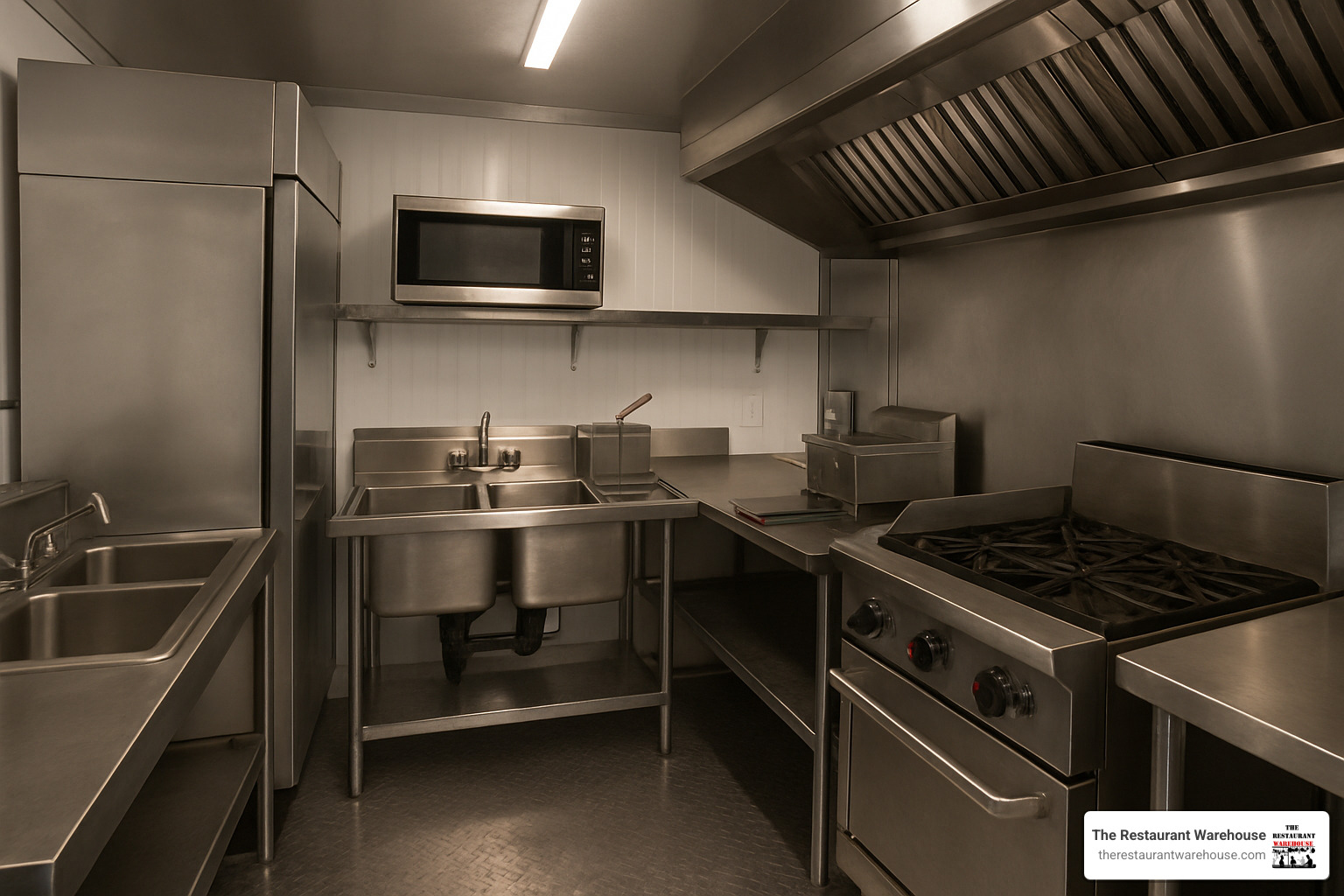 concession trailer kitchen equipment layout showing countertop and full-size appliance integration - concession trailer cooking equipment