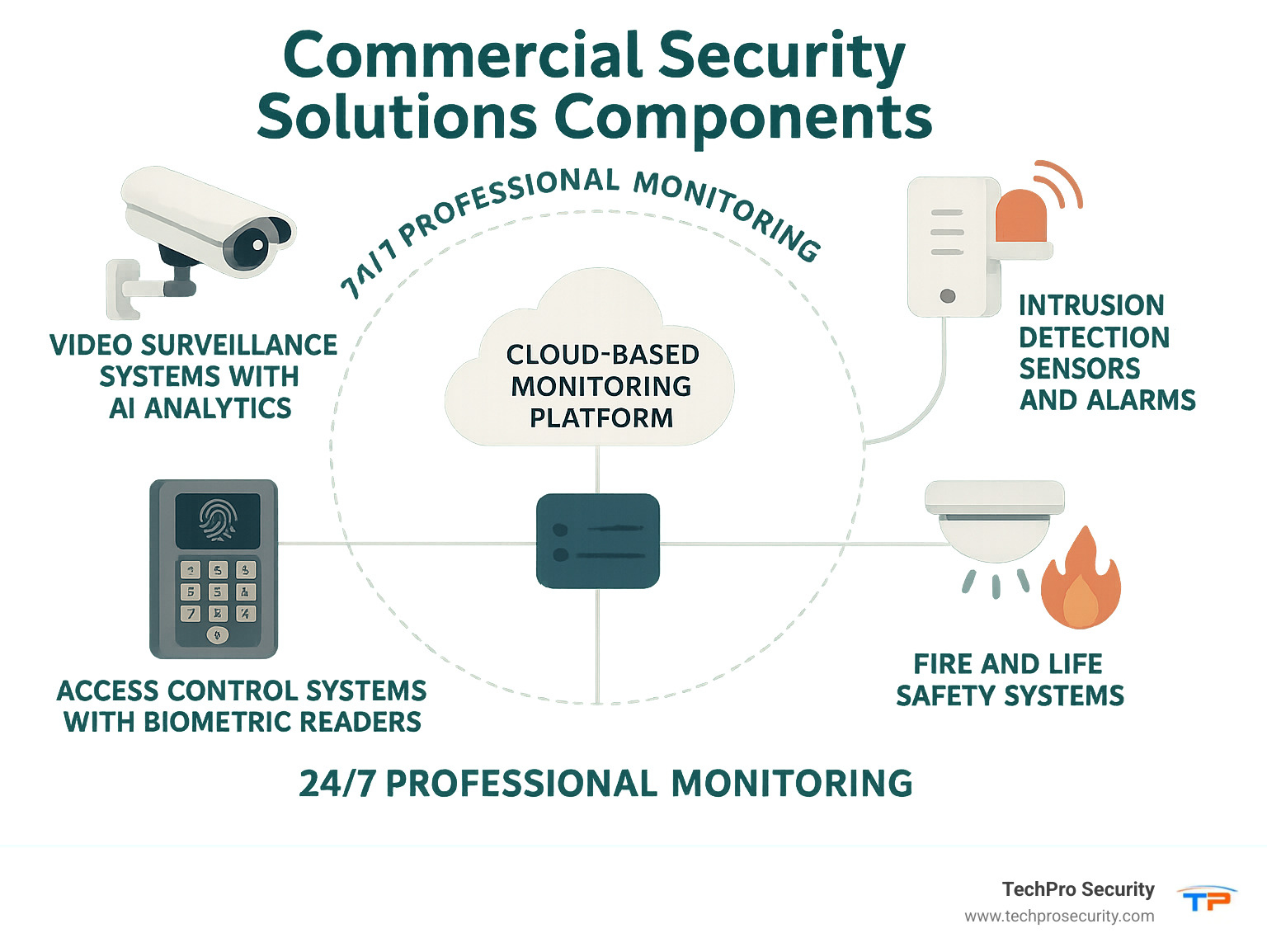 Commercial Security Solutions Components: Video surveillance systems with AI analytics at the top, connected to access control systems with biometric readers on the left, intrusion detection sensors and alarms on the right, fire and life safety systems at the bottom, all connecting to a central cloud-based monitoring platform in the middle, with 24/7 professional monitoring services surrounding the entire system - commercial security solutions infographic 