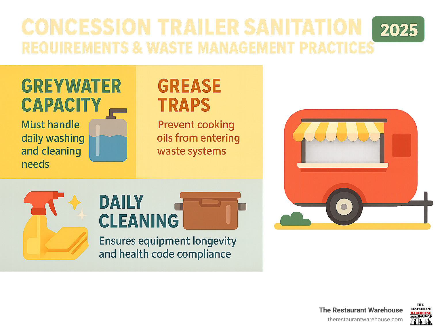 infographic showing concession trailer sanitation requirements and waste management best practices - concession trailer cooking equipment infographic 