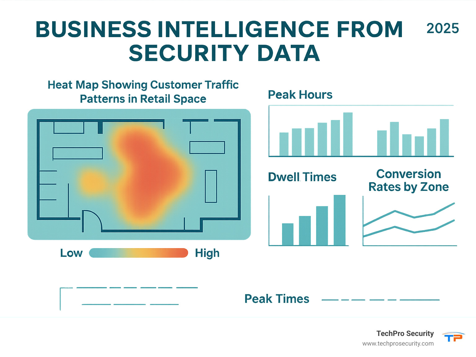 Business Intelligence from Security Data: Heat map showing customer traffic patterns in retail space, with high-traffic areas in red, medium-traffic in yellow, and low-traffic in blue, alongside graphs showing peak hours, dwell times, and conversion rates by zone - commercial security solutions infographic 