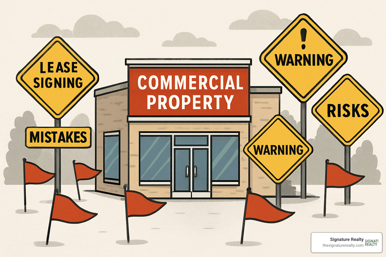 illustration showing common lease signing mistakes with warning signs and red flags around a commercial property - commercial properties for rent near me
