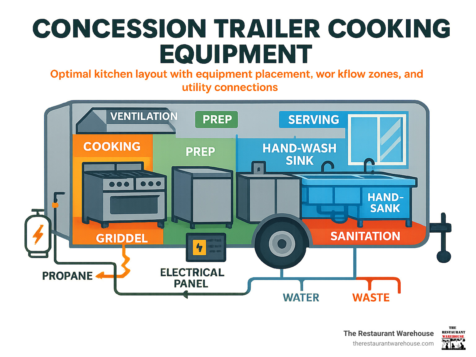 Detailed infographic showing optimal concession trailer kitchen layout with equipment placement, workflow zones, and utility connections for maximum efficiency in mobile food service - concession trailer cooking equipment infographic 
