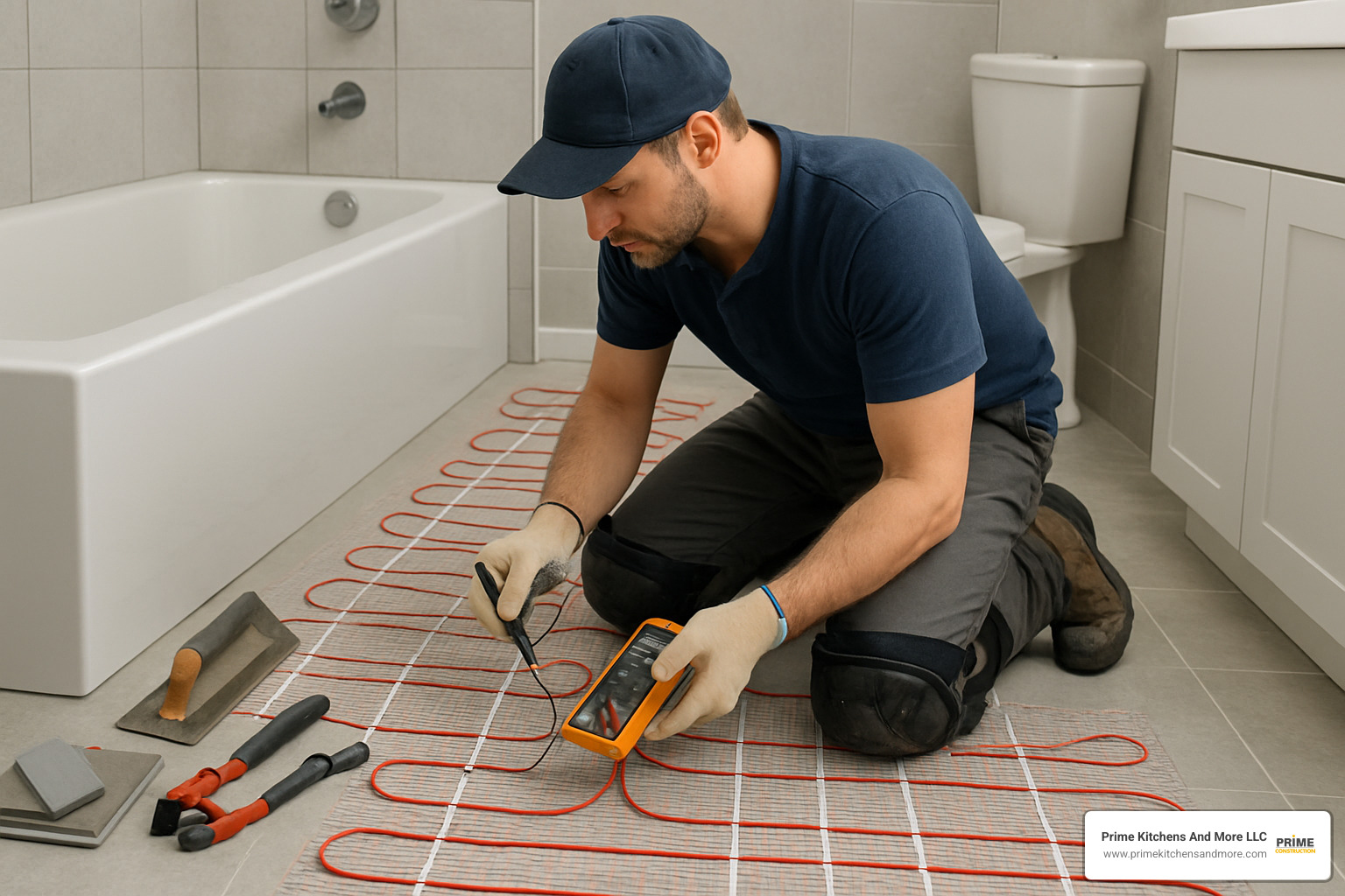 Professional installing radiant floor heating system with proper tools and safety equipment - heated floor small bathroom