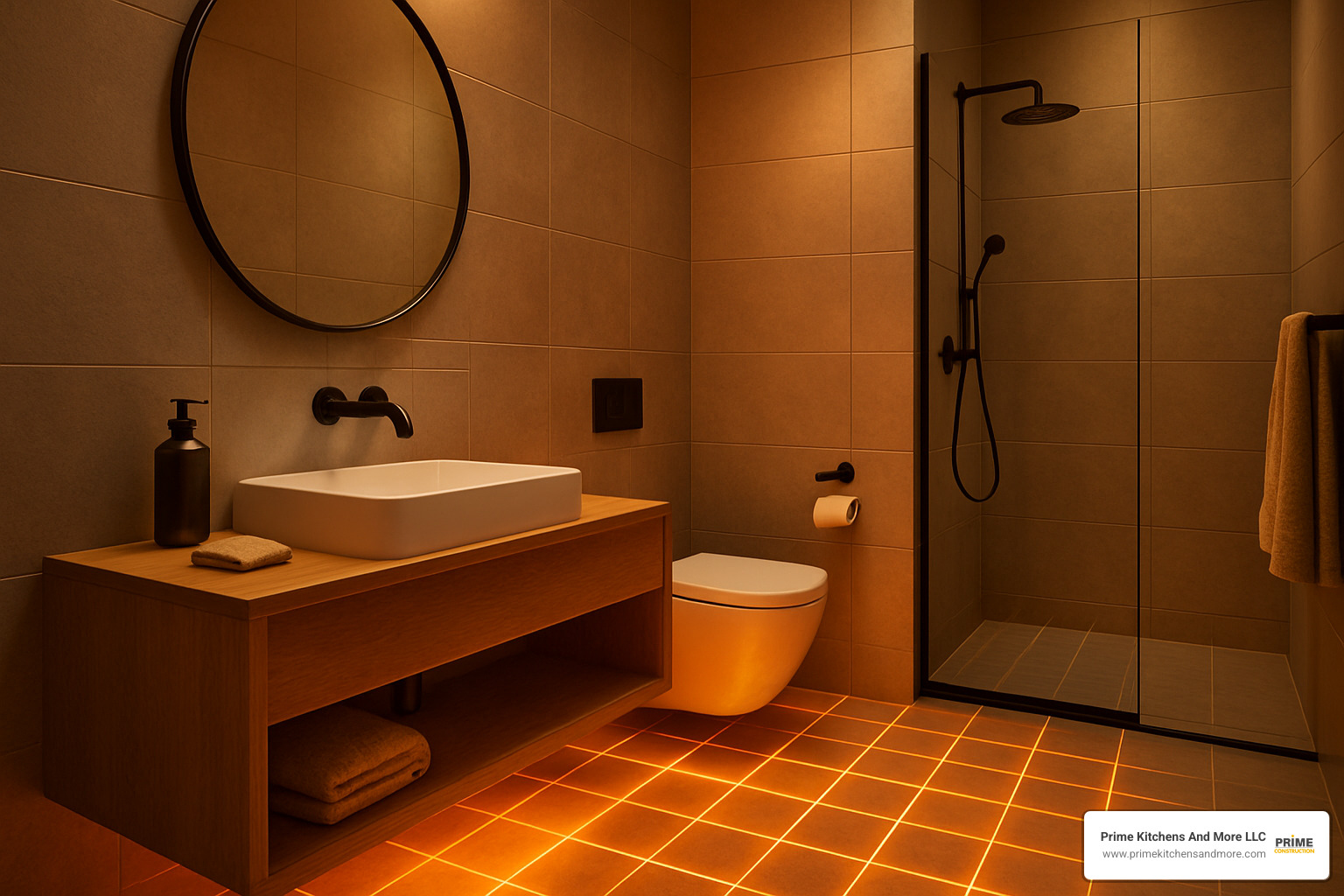 Small bathroom with radiant floor heating showing warm tiles, cozy atmosphere, and modern fixtures - heated floor small bathroom