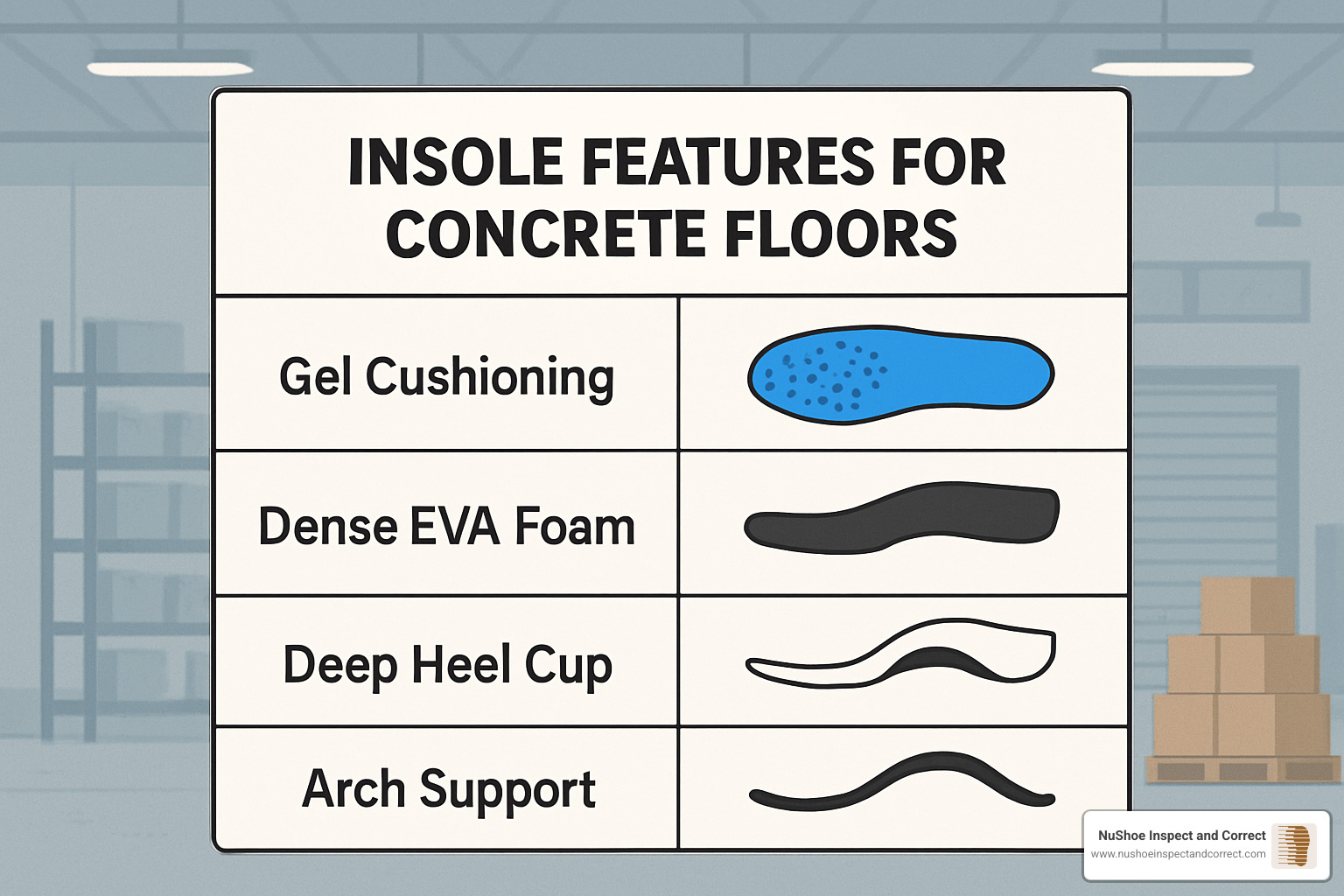 comparison chart of insole features - insoles for concrete floors