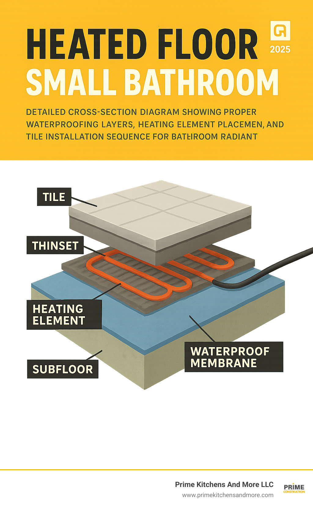 Detailed cross-section diagram showing proper waterproofing layers, heating element placement, and tile installation sequence for bathroom radiant floor systems - heated floor small bathroom infographic 