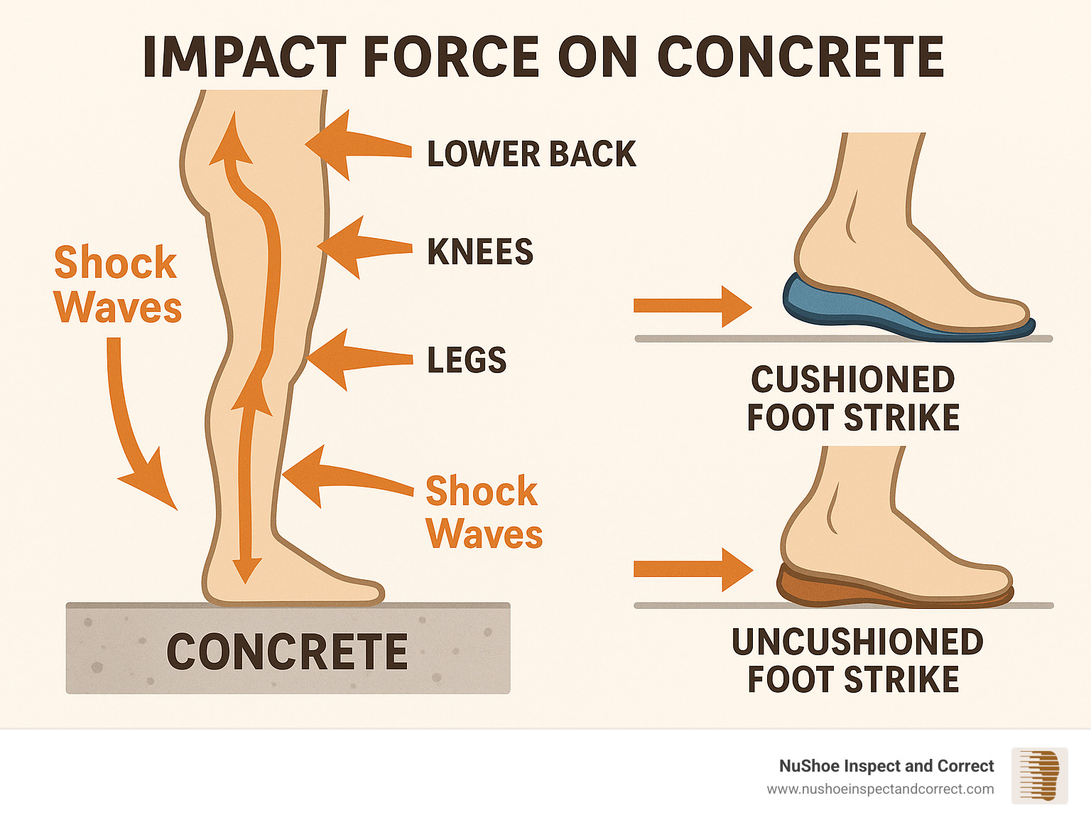 Detailed infographic showing impact force traveling from concrete through feet, legs, knees to lower back, with arrows indicating shock wave progression and comparison between cushioned vs uncushioned foot strike - insoles for concrete floors infographic 