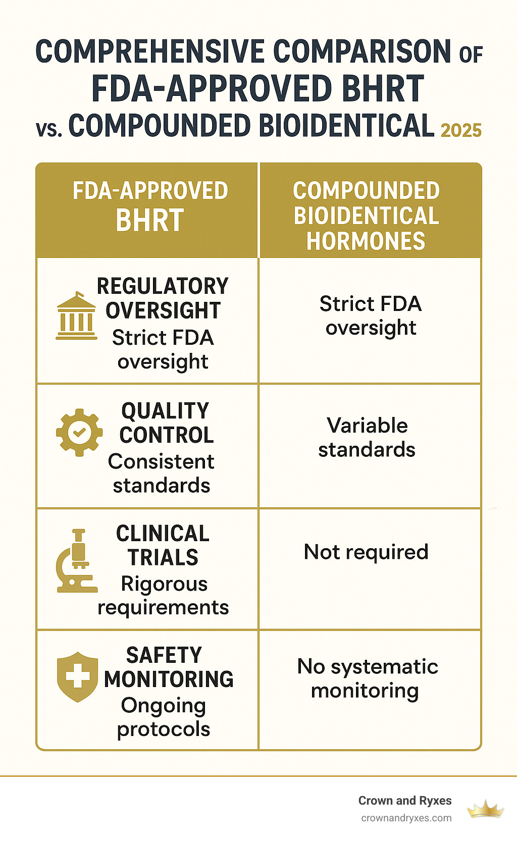 Comprehensive comparison of FDA-approved BHRT vs compounded bioidentical hormones showing regulatory oversight differences, quality control standards, clinical trial requirements, and safety monitoring protocols - FDA-approved BHRT infographic 