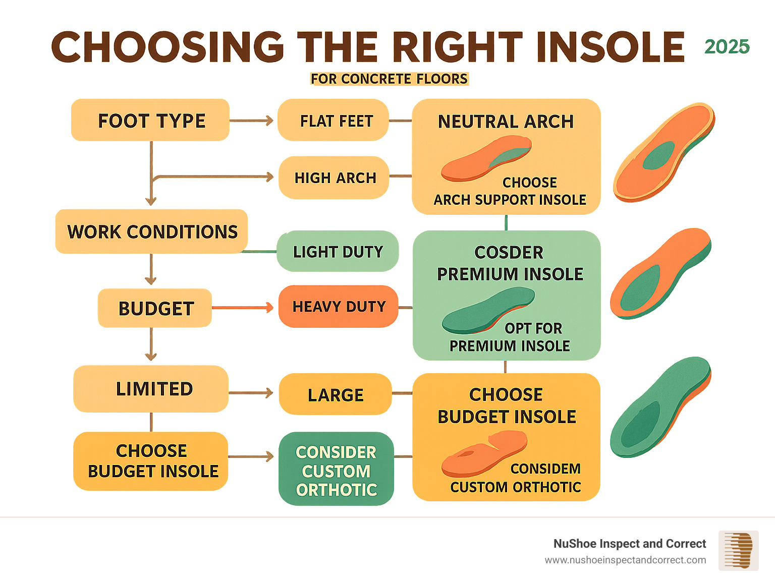 comprehensive flowchart for choosing the right insole based on foot type, work conditions, and budget - insoles for concrete floors infographic 