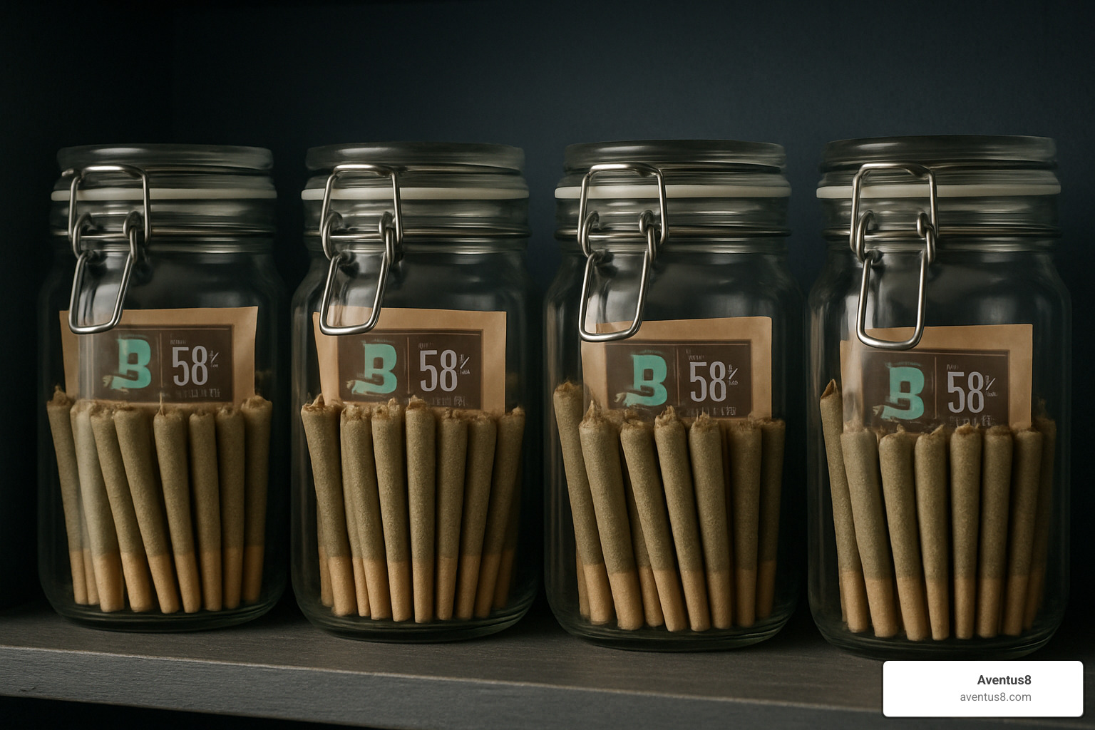 Proper storage setup showing airtight glass jars with humidity packs in a cool, dark environment - Buy pre-rolled blunts
