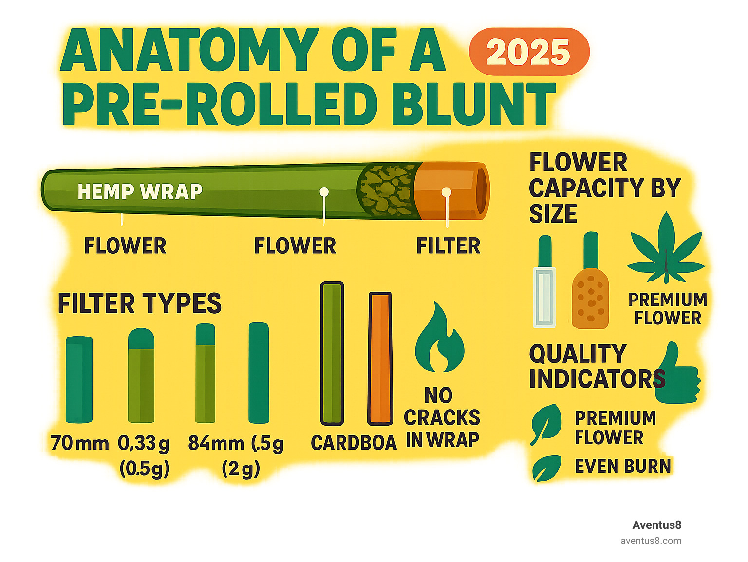 Detailed infographic showing pre-rolled blunt anatomy with labeled parts including hemp wrap, flower capacity by size, filter types, and quality indicators - Buy pre-rolled blunts infographic 