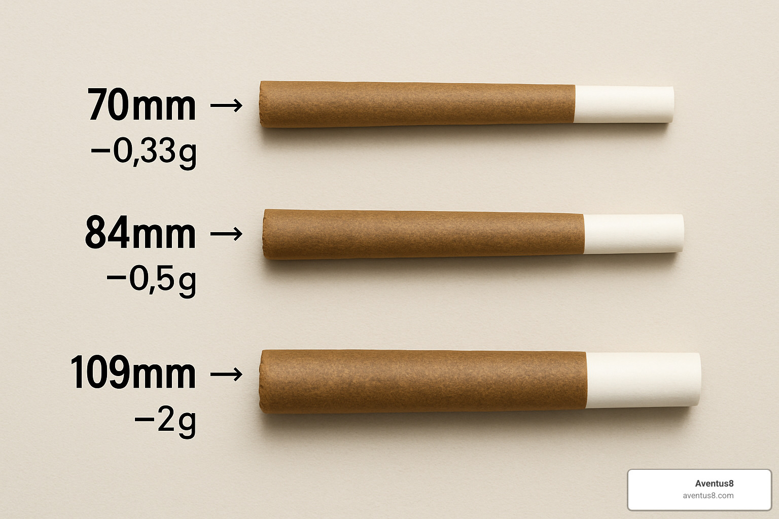 Size comparison showing 70mm, 84mm, and 109mm pre-rolled blunts with flower capacity indicators - Buy pre-rolled blunts