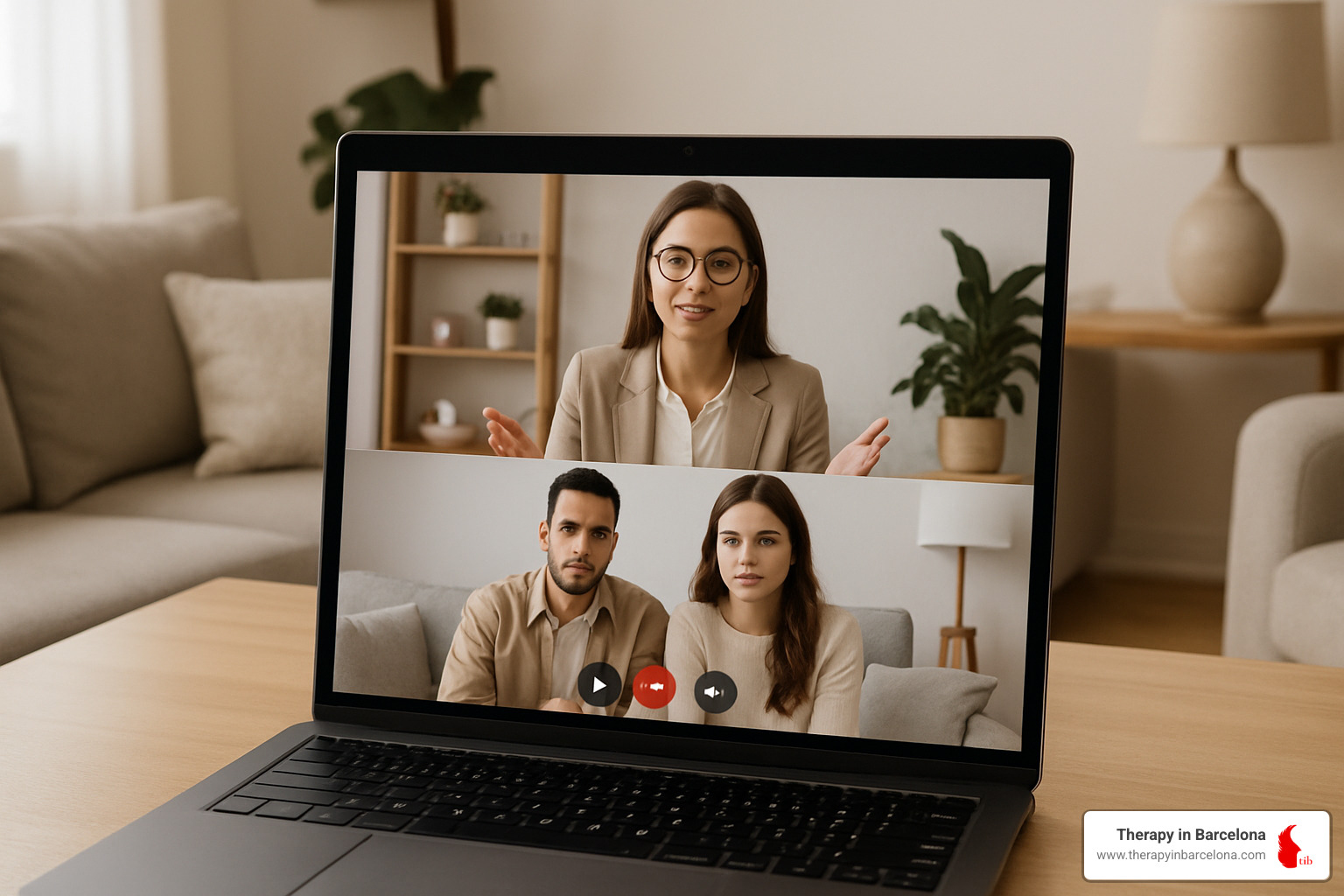 Virtual couples therapy session setup showing professional online counselling environment - couples counselling barcelona