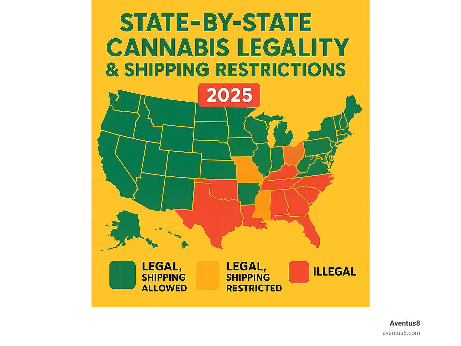 Statistical breakdown of state-by-state cannabis legality and shipping restrictions - Buy pre-rolled blunts infographic 