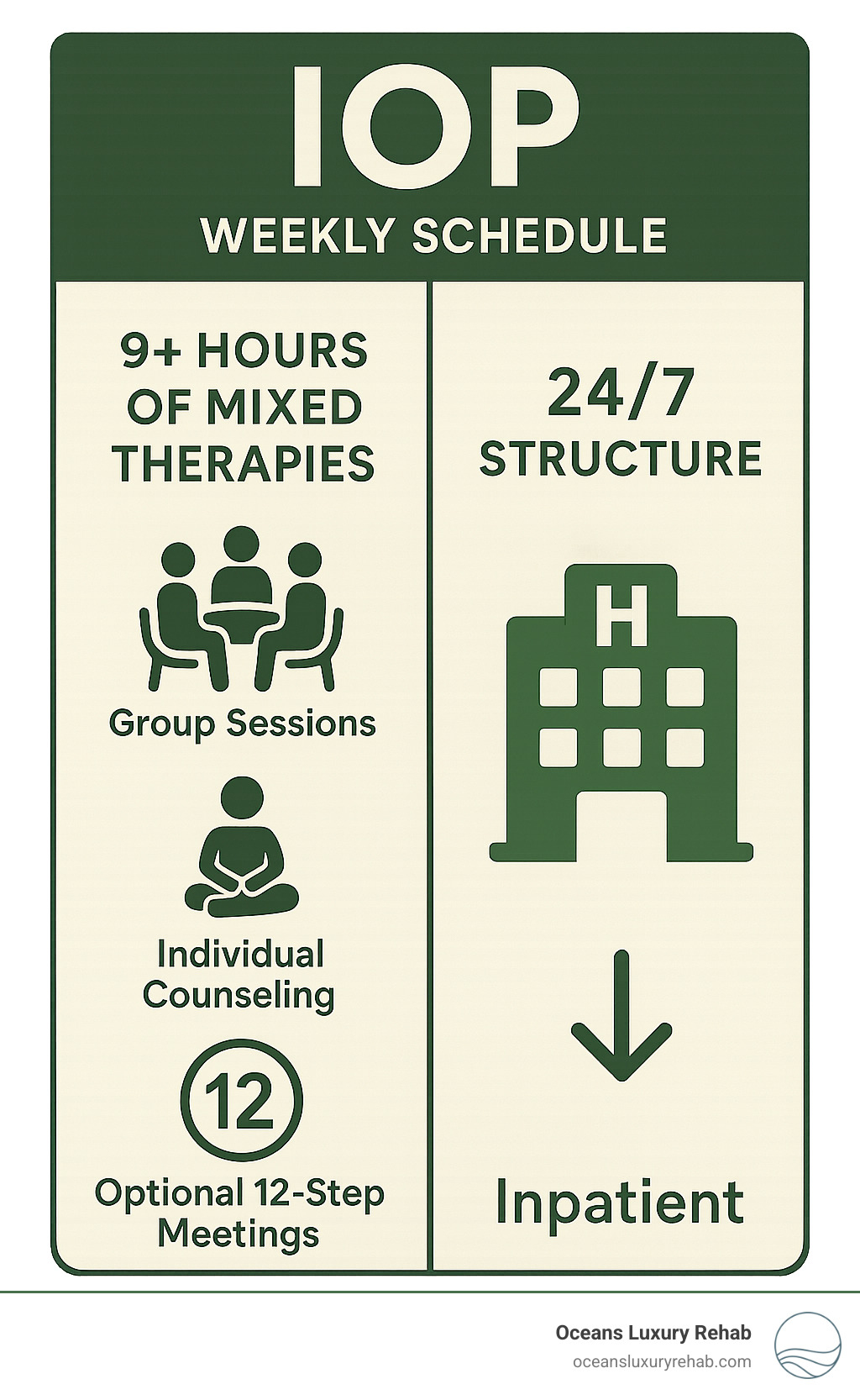 Infographic showing IOP weekly schedule with 9+ hours of mixed therapies including group sessions, individual counseling, and optional 12-step meetings compared to 24/7 inpatient structure - is intensive outpatient rehab a 12 step program infographic