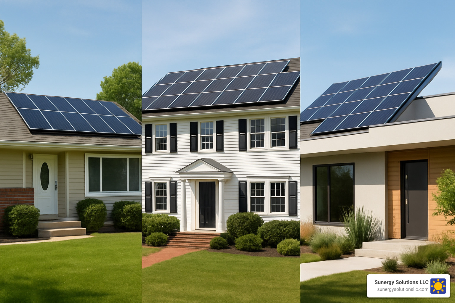 Different roof-mounted solar arrays on various U.S. home styles including ranch, colonial, and modern designs - home solar energy