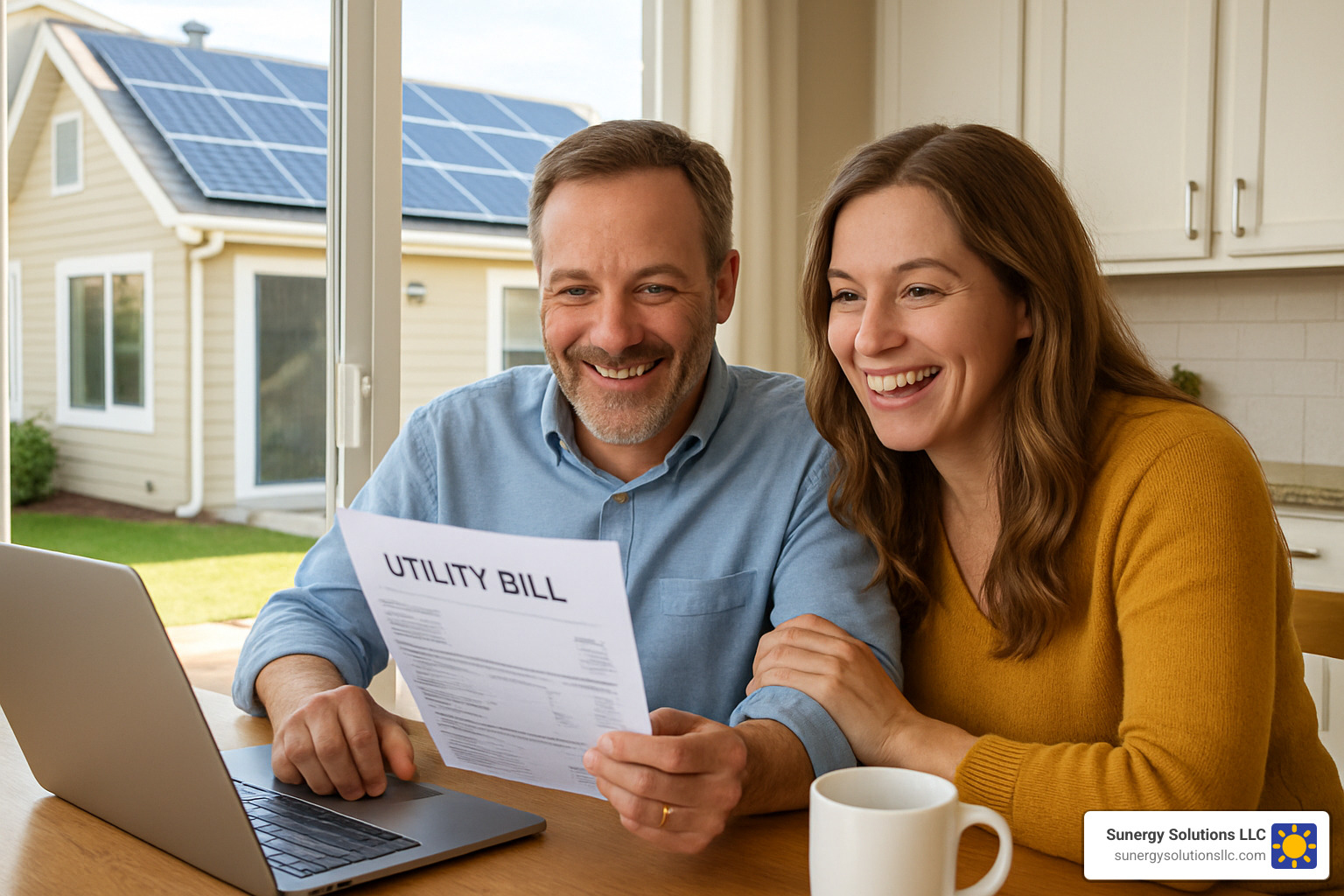 Happy homeowners reviewing low utility bill with solar panels visible on roof in background - home solar energy