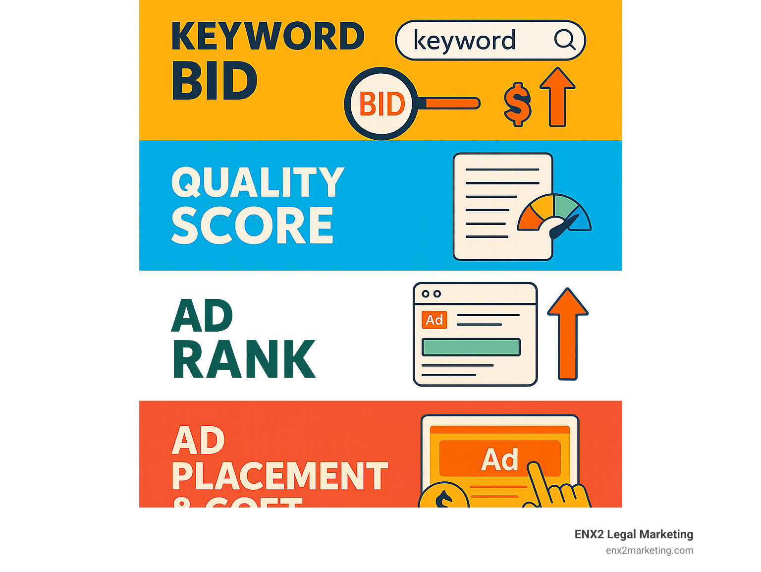 Detailed infographic showing the PPC auction process from keyword bidding through Quality Score calculation to final ad placement and cost determination - pay-per-click management infographic 
