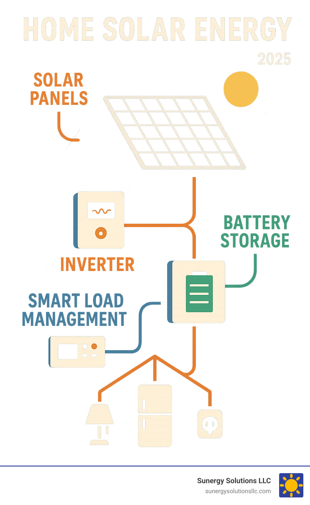 Comprehensive infographic showing solar-plus-storage system with panels, inverters, batteries, and smart load management controlling home energy flow - home solar energy infographic