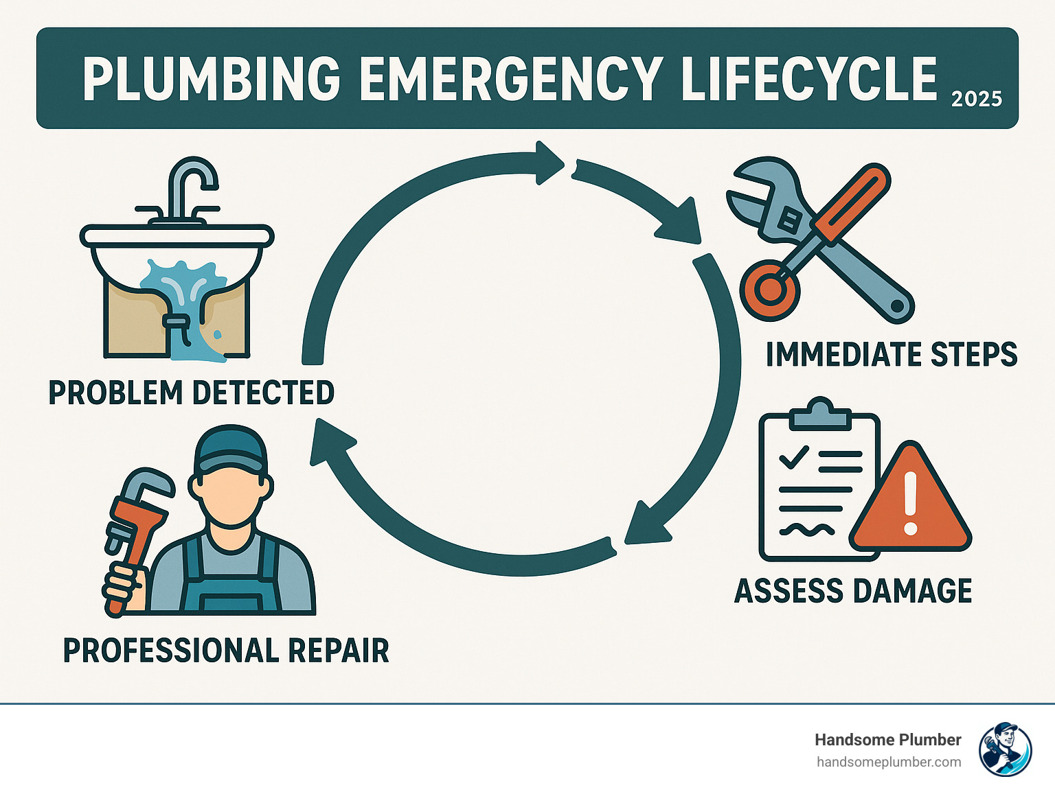 Infographic showing the lifecycle of a plumbing emergency from initial problem detection through professional repair completion, including immediate DIY steps, damage assessment, emergency response timeline, and prevention measures - emergency plumber Las Vegas infographic 