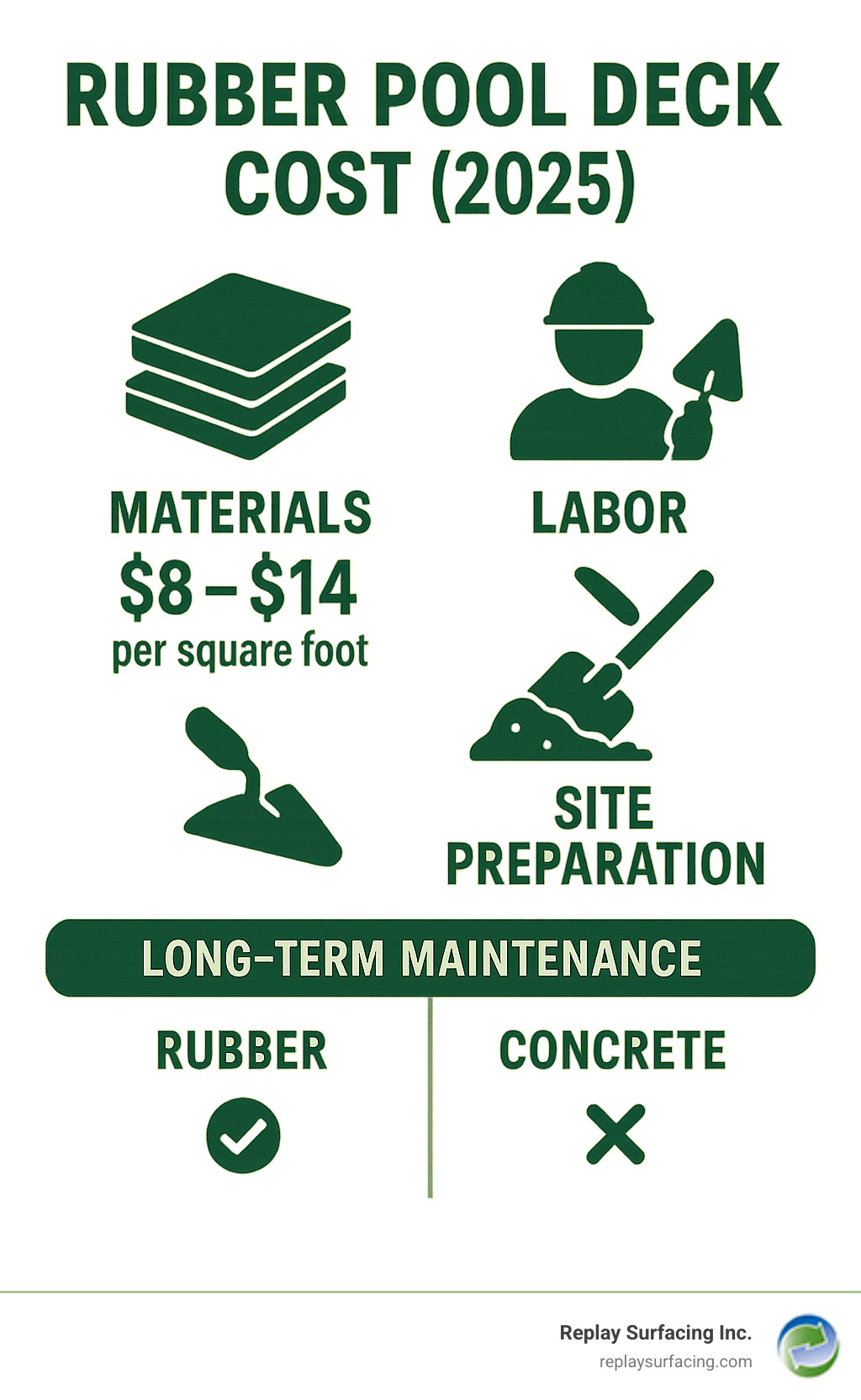 Detailed cost breakdown infographic showing rubber pool deck pricing factors including materials, labor, site preparation, and long-term maintenance costs compared to traditional concrete decking - rubber pool deck cost infographic 