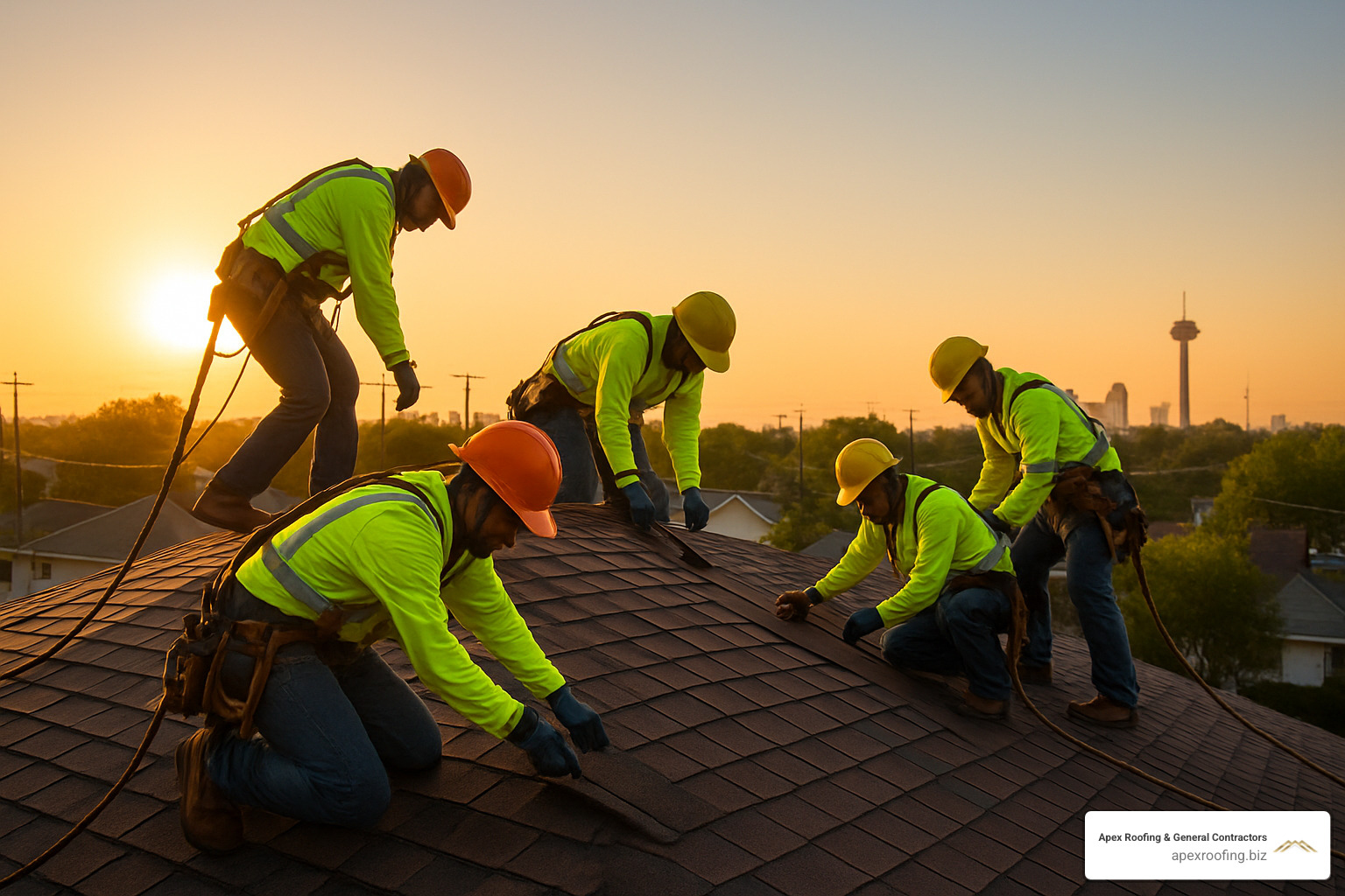 roof installation crew working at sunrise - roof installation company san antonio tx