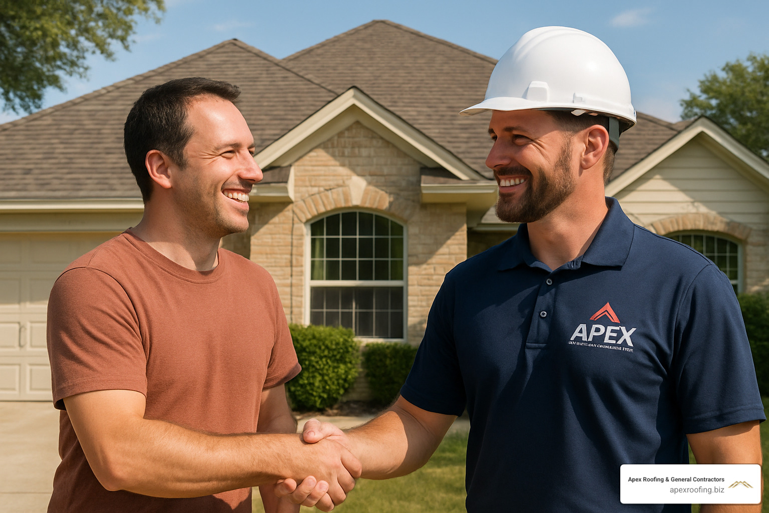 happy homeowner shaking hands with Apex project manager - roof installation company san antonio tx