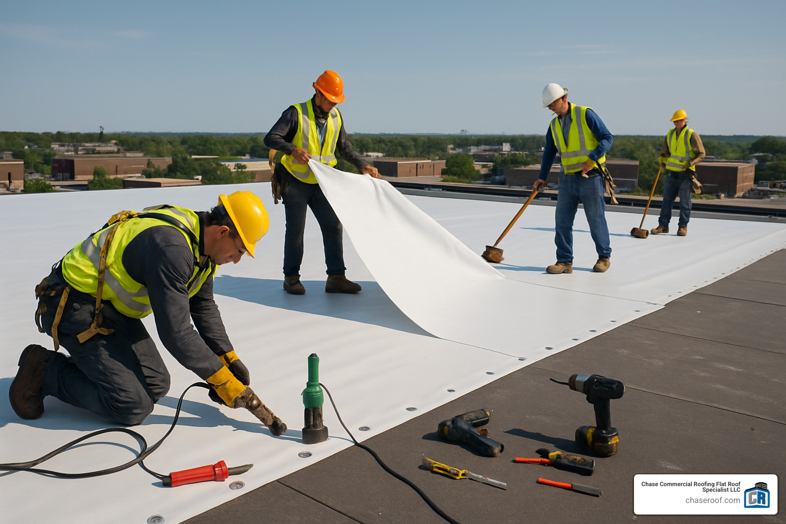 TPO membrane installation on commercial flat roof - commercial roofing maintenance