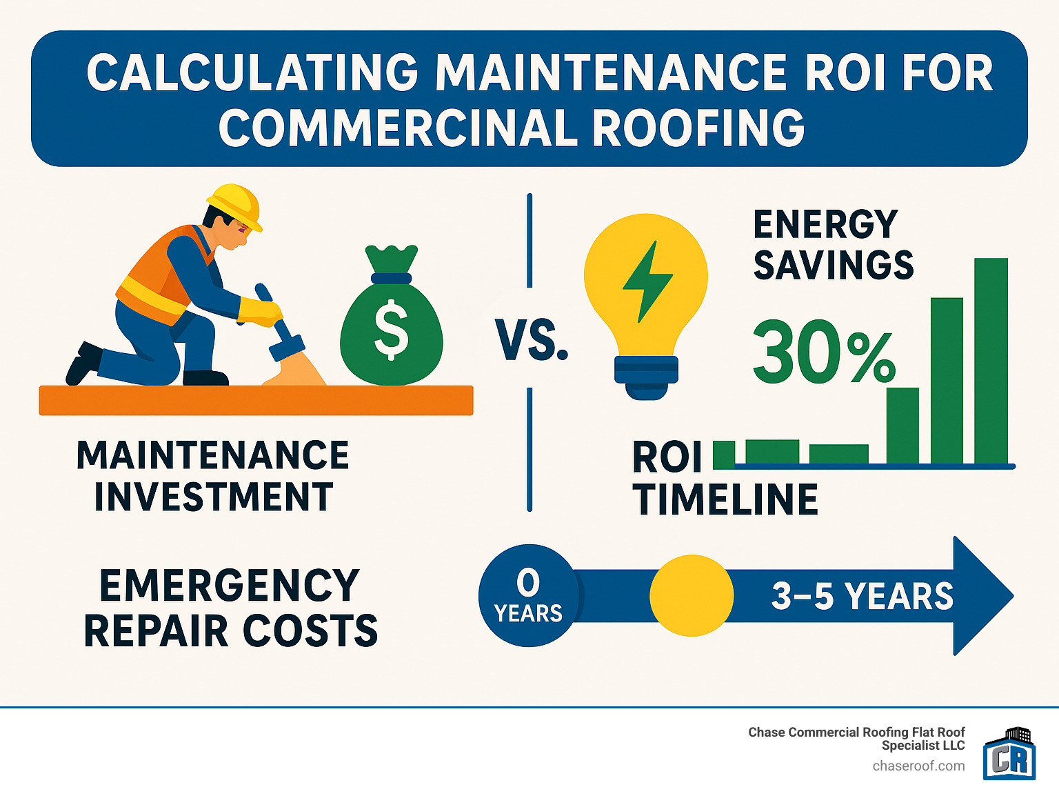 Cost comparison infographic showing maintenance investment versus emergency repair costs, energy savings calculations, and ROI timeline for commercial roofing maintenance programs - commercial roofing maintenance infographic