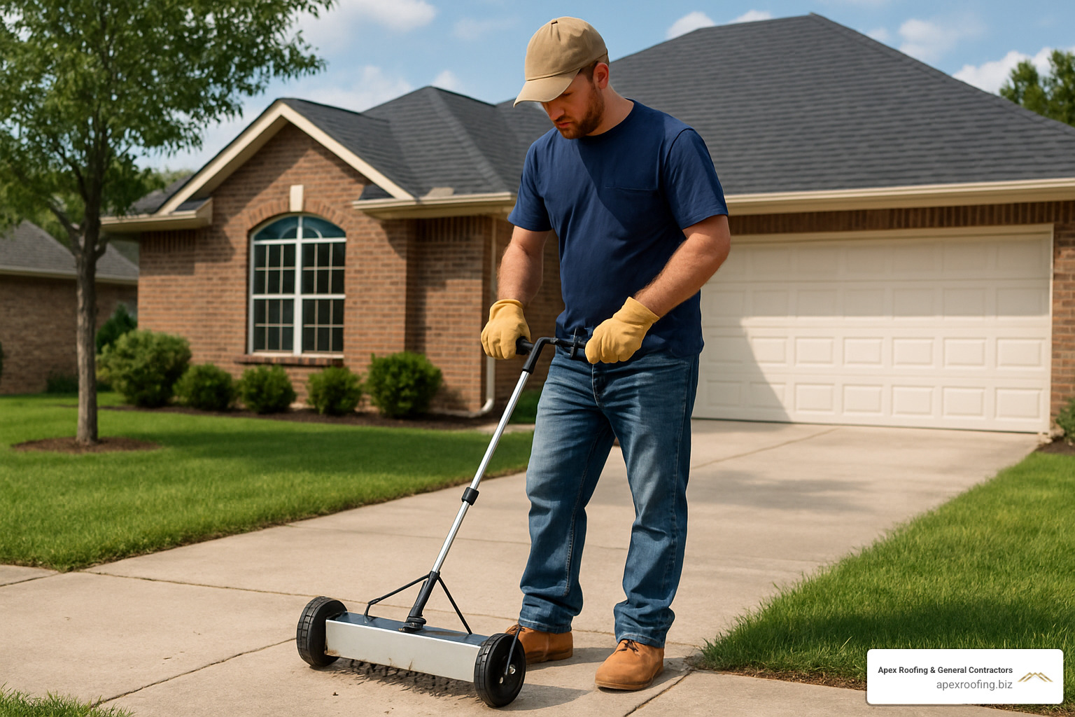 magnetic nail sweep being used on property - roof installation company san antonio tx