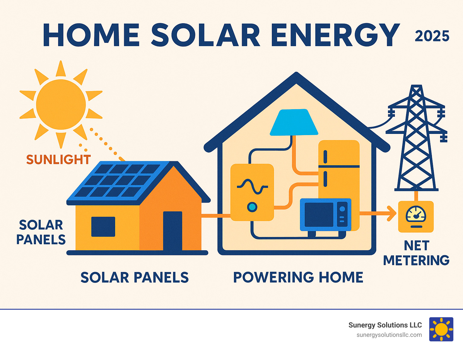 Detailed infographic showing the complete home solar energy process from sunlight hitting rooftop panels through inverter conversion to powering household appliances and feeding excess electricity back to the utility grid via net metering - home solar energy infographic