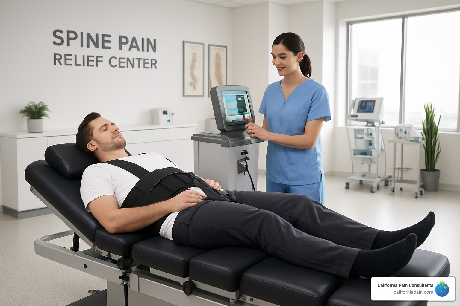 Patient receiving spinal decompression therapy in a modern treatment room - spine pain relief center Patient receiving spinal decompression therapy in a modern treatment room - spine pain relief center