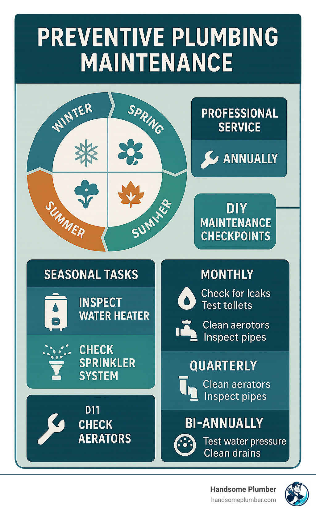 Infographic showing a 12-month preventive plumbing maintenance timeline with seasonal tasks, professional service intervals, and DIY maintenance checkpoints - emergency plumber Las Vegas infographic 