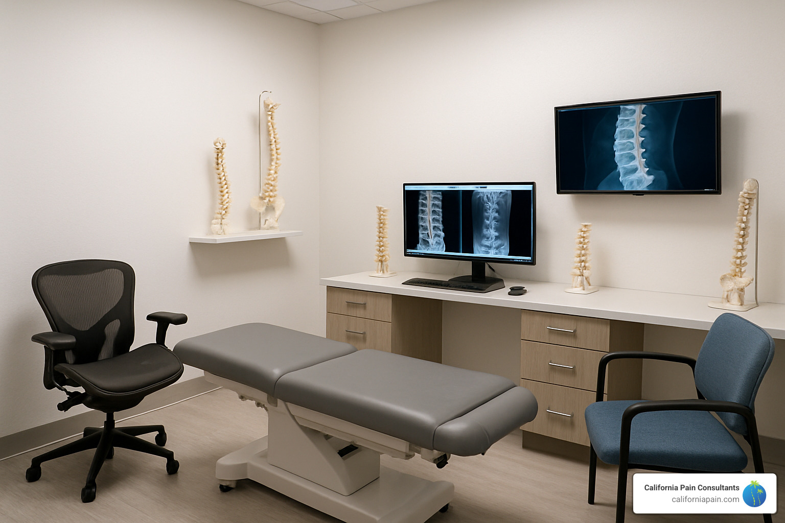 Modern spine pain relief center assessment room with examination table and diagnostic equipment - spine pain relief center Modern spine pain relief center assessment room with examination table and diagnostic equipment - spine pain relief center