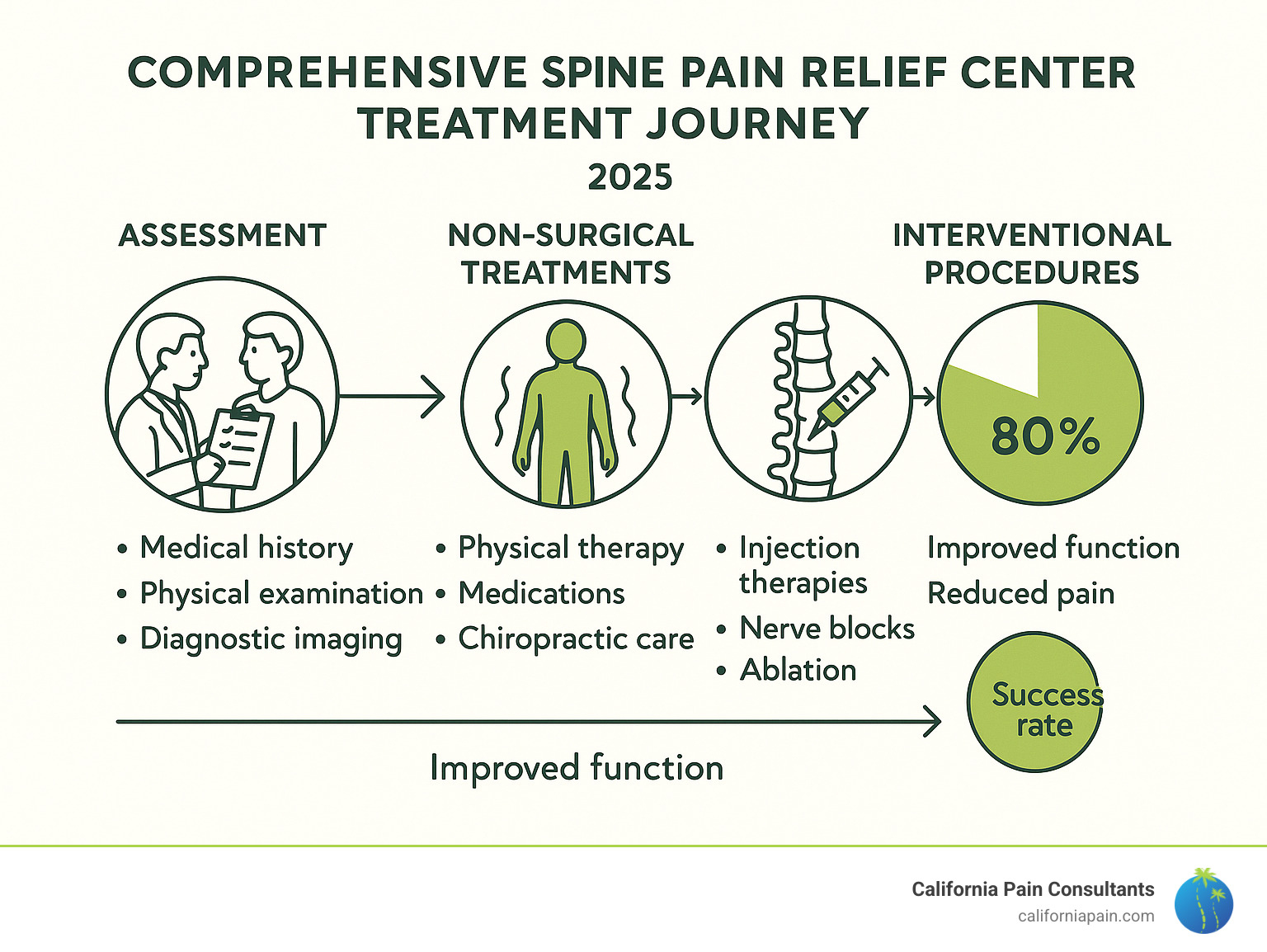 Comprehensive spine pain relief center treatment journey showing assessment, non-surgical treatments, interventional procedures, and patient outcomes with success rates - spine pain relief center infographic Comprehensive spine pain relief center treatment journey showing assessment, non-surgical treatments, interventional procedures, and patient outcomes with success rates - spine pain relief center infographic