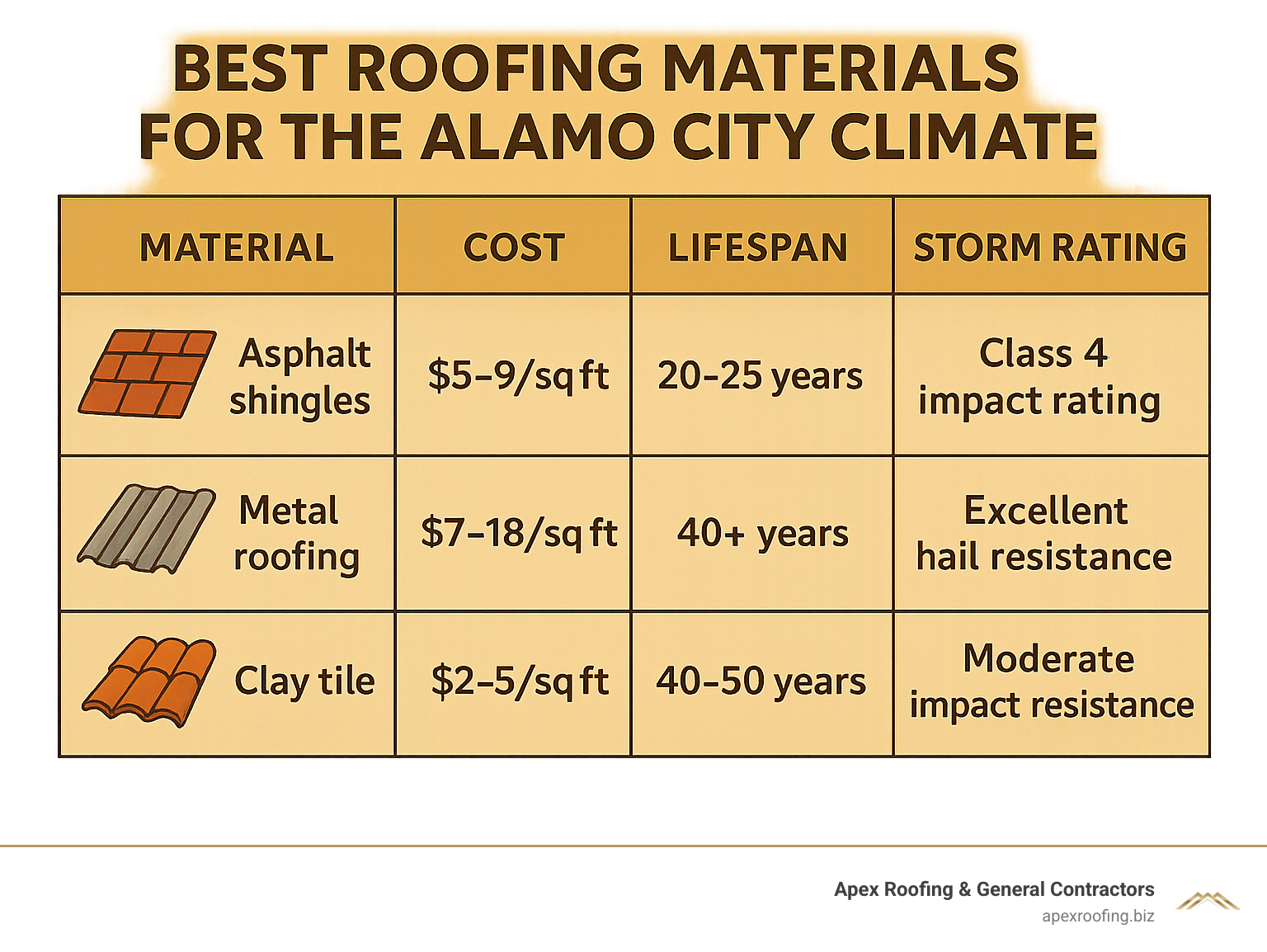 Comparison table showing roofing material costs, lifespans, and storm ratings: Asphalt shingles $5-9/sq ft, 20-25 years, Class 4 impact rating; Metal roofing $7-18/sq ft, 40+ years, excellent hail resistance; Clay tile $2-5/sq ft, 40-50 years, moderate impact resistance - roof installation company san antonio tx infographic 
