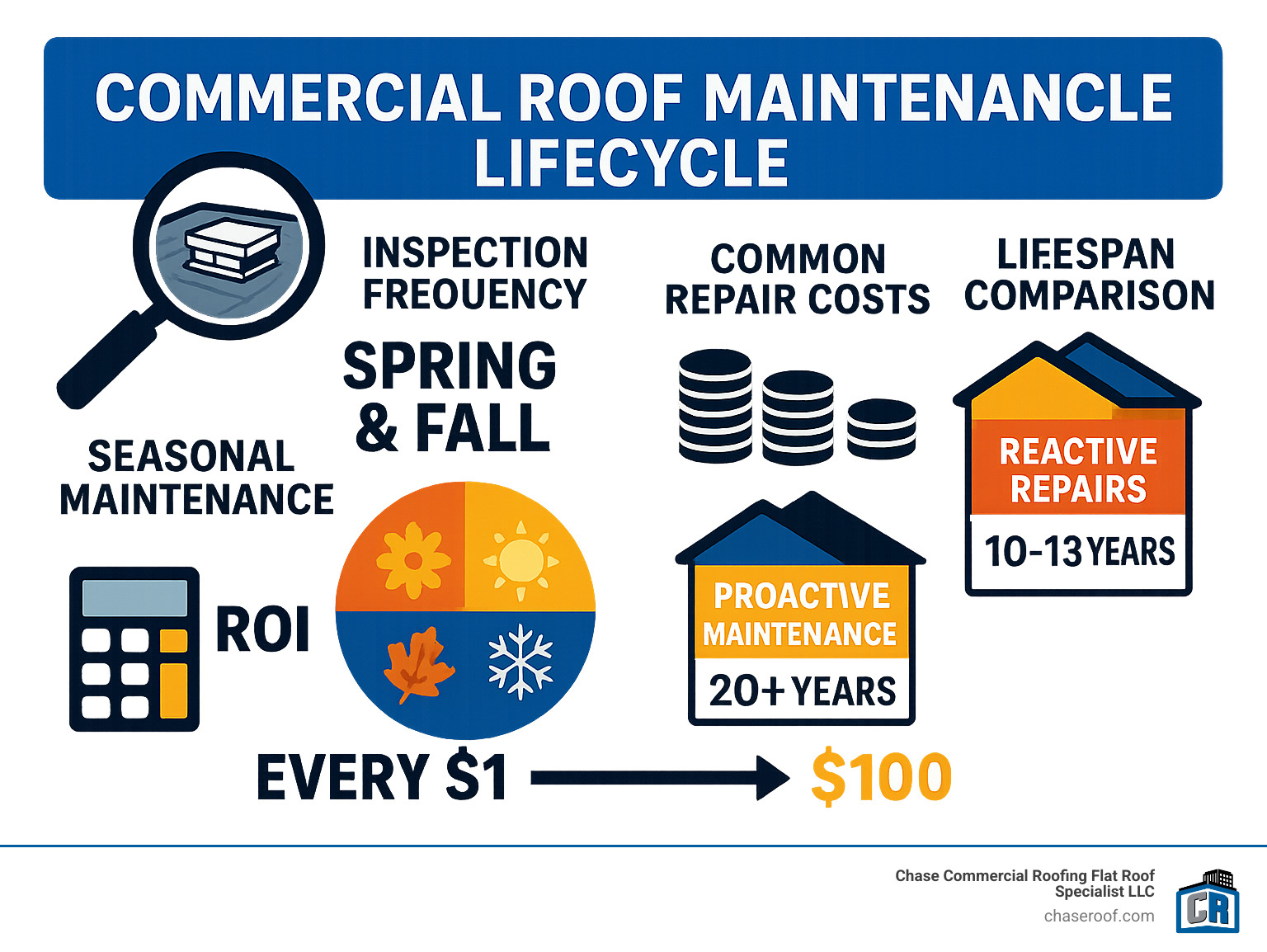 Commercial roof maintenance lifecycle showing inspection frequency, common repair costs, and lifespan comparison between proactive maintenance (20+ years) versus reactive repairs (10-13 years), with seasonal maintenance tasks and ROI calculations - commercial roofing maintenance infographic