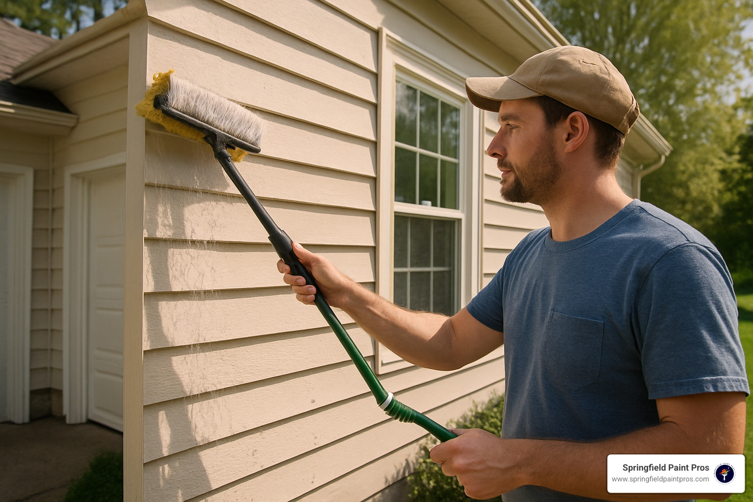 homeowner cleaning house siding with soft brush and hose - house painting springfield homeowner cleaning house siding with soft brush and hose - house painting springfield