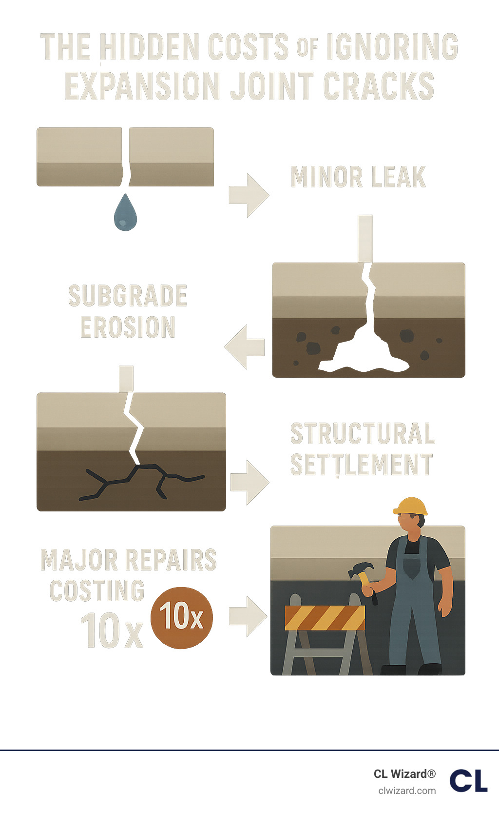 Infographic showing the progression of damage from ignored expansion joint cracks: minor leak → subgrade erosion → structural settlement → major repairs costing 10x more - expansion joint crack repair infographic 