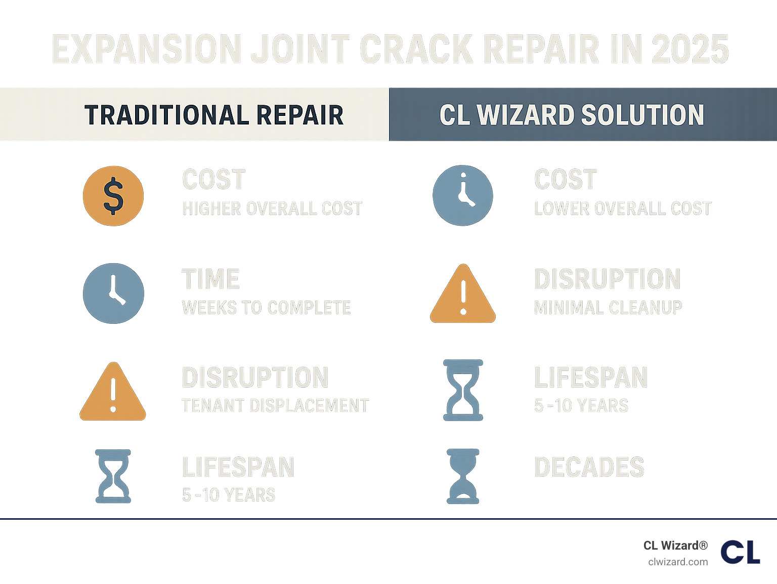 Infographic comparing traditional repair methods vs CL Wizard solution showing cost, time, disruption, and lifespan differences - expansion joint crack repair infographic 