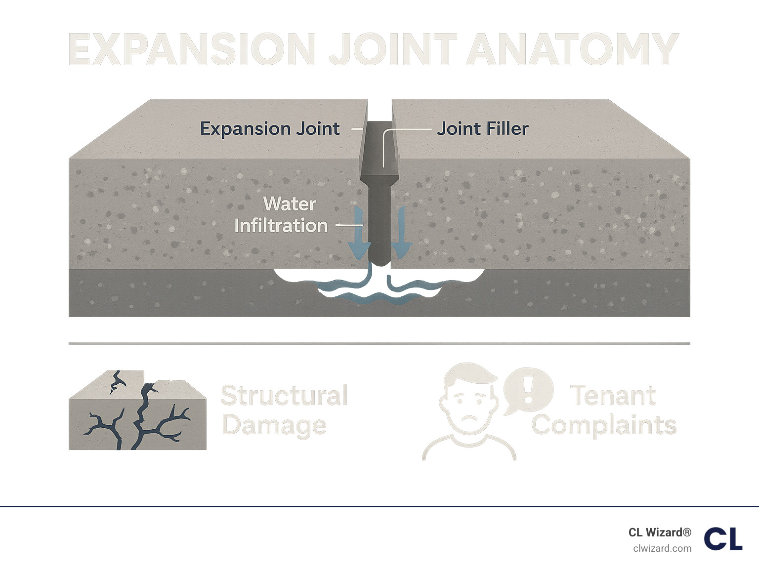 Infographic showing expansion joint anatomy with concrete slabs, joint filler, water infiltration paths, and consequences of failure including structural damage and tenant complaints - expansion joint crack repair infographic 