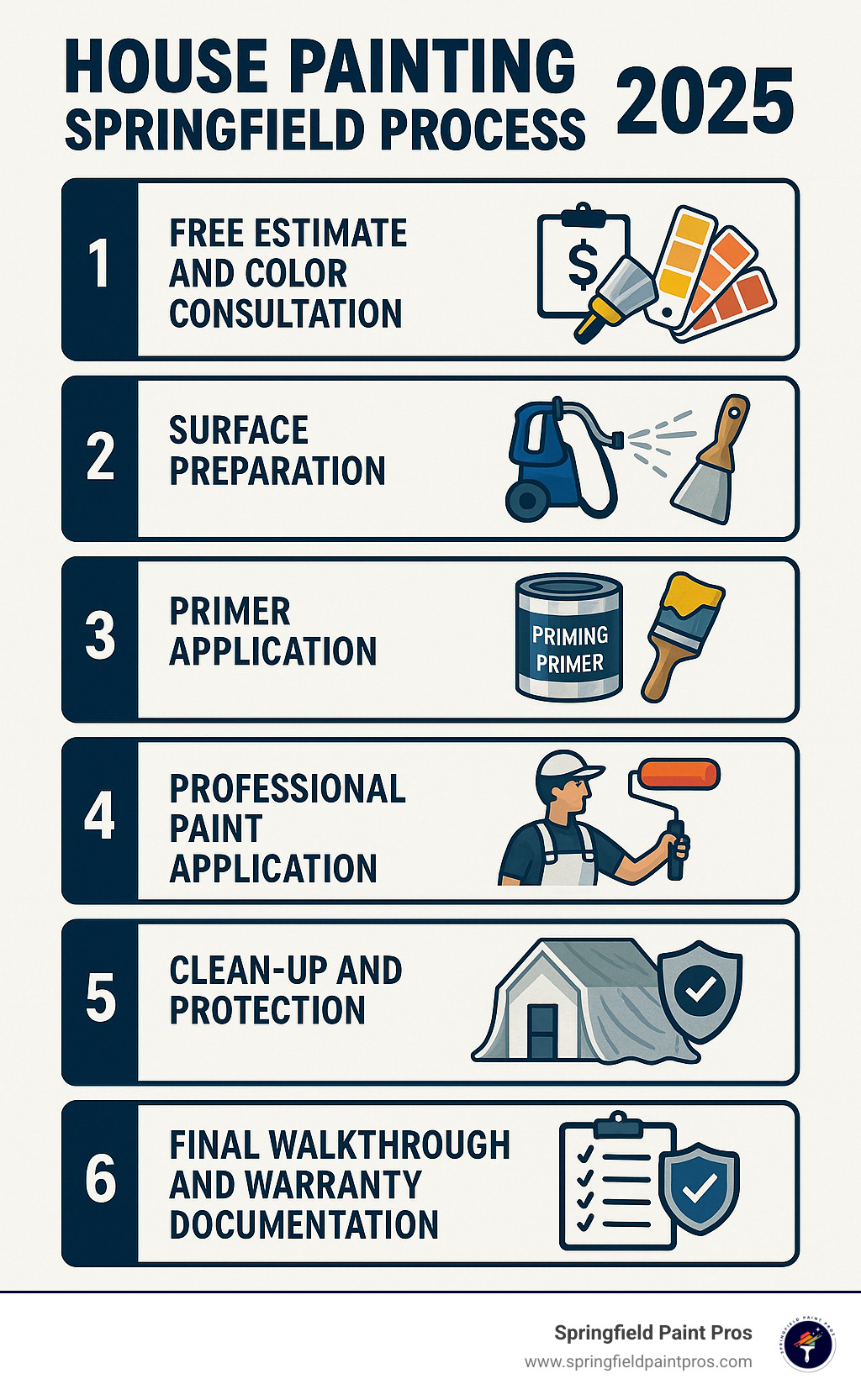 Springfield house painting process infographic showing 6 steps: 1) Free estimate and color consultation, 2) Surface preparation including power washing and scraping, 3) Primer application for better adhesion, 4) Professional paint application with quality materials, 5) Clean-up and protection of your property, 6) Final walkthrough and warranty documentation - house painting springfield infographic Springfield house painting process infographic showing 6 steps: 1) Free estimate and color consultation, 2) Surface preparation including power washing and scraping, 3) Primer application for better adhesion, 4) Professional paint application with quality materials, 5) Clean-up and protection of your property, 6) Final walkthrough and warranty documentation - house painting springfield infographic
