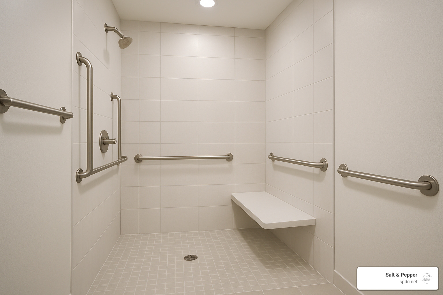 grab bars and bench seating in accessible shower design - shower remodel tampa
