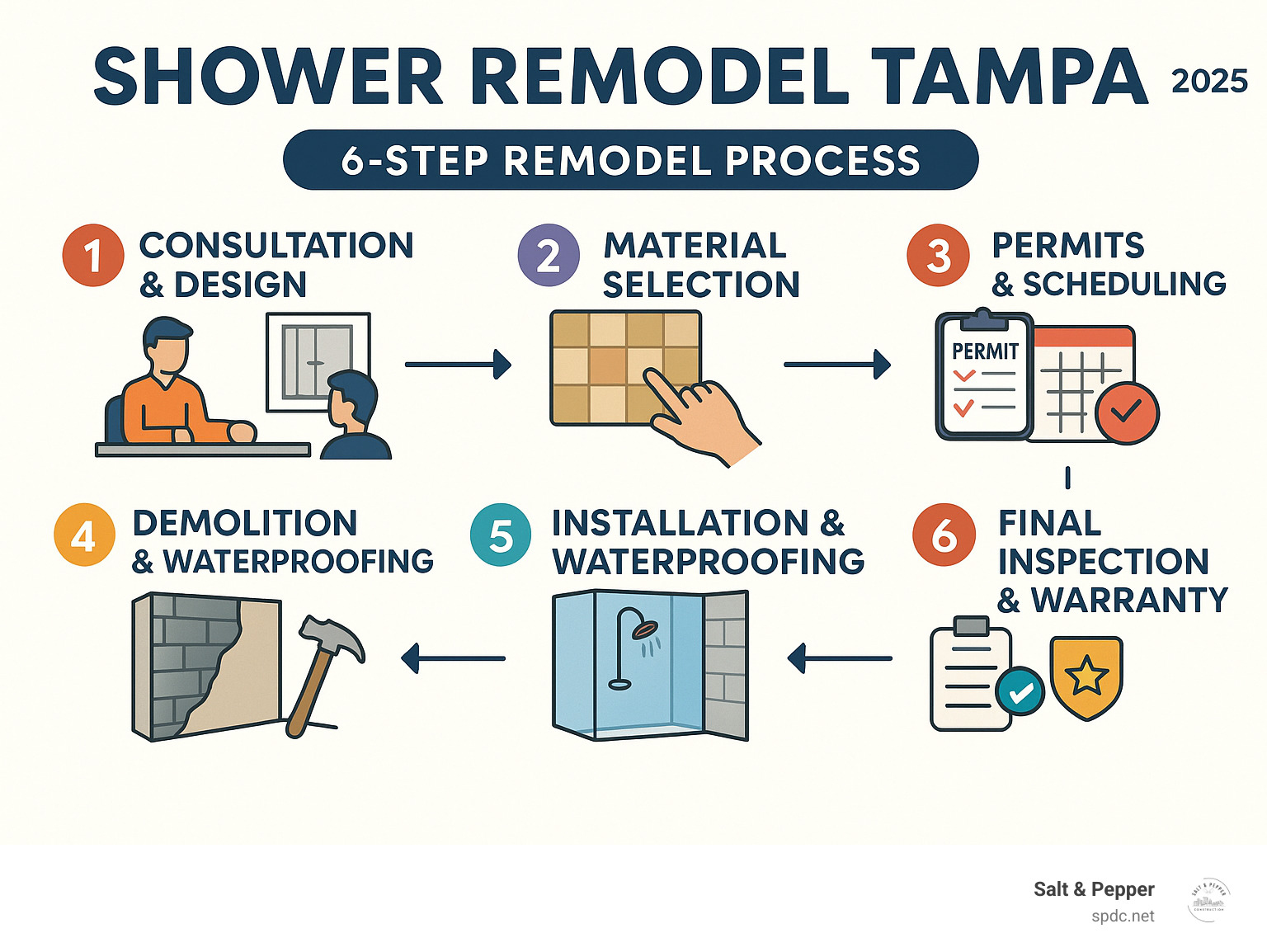 Comprehensive infographic showing the 6-step shower remodel process in Tampa: consultation and design, material selection, permits and scheduling, demolition and prep work, installation with waterproofing, and final inspection with warranty coverage - shower remodel tampa infographic