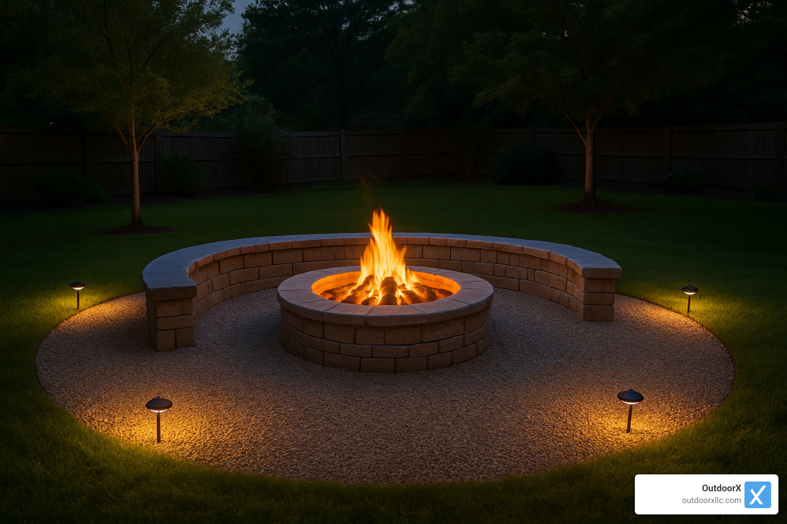 Complete fire pit with stone seating ring, pea gravel surround, and landscape lighting - building a rock fire pit