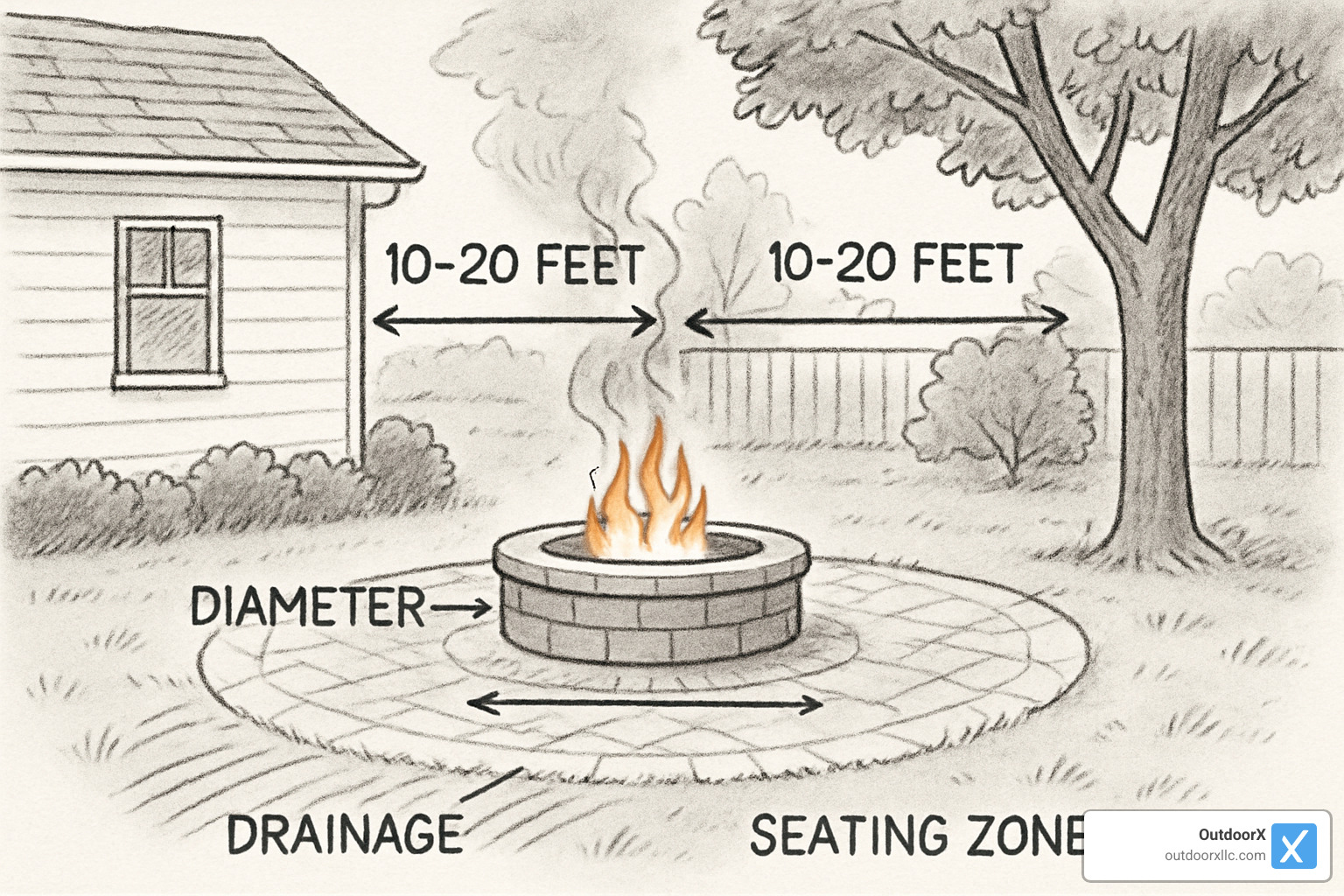Fire pit planning sketch with measurements and safety clearances marked - building a rock fire pit