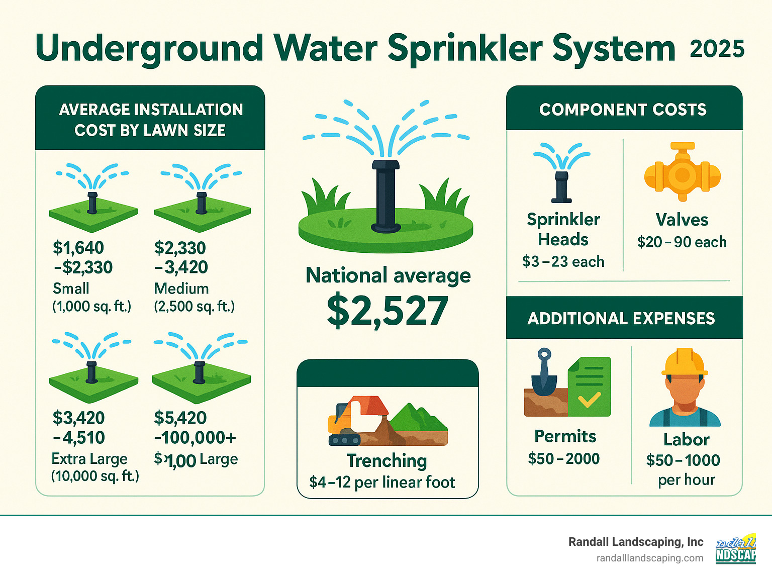 Detailed breakdown of underground sprinkler system costs showing average installation prices by lawn size, component costs including sprinkler heads, valves, controllers, and additional expenses like trenching, permits, and labor rates - underground water sprinkler system cost infographic 